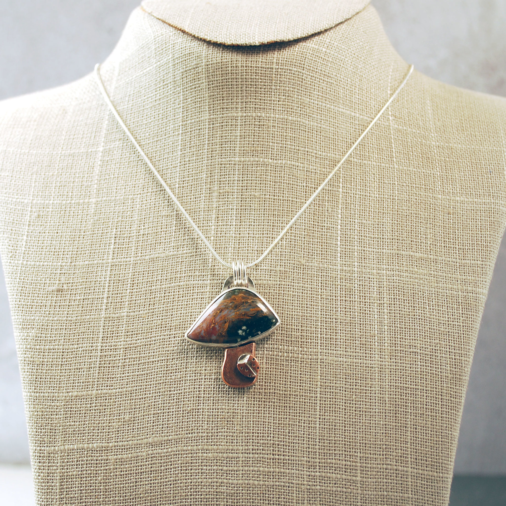 Silver, Copper Mushroom Pendant with Agate and Ladybug hanging