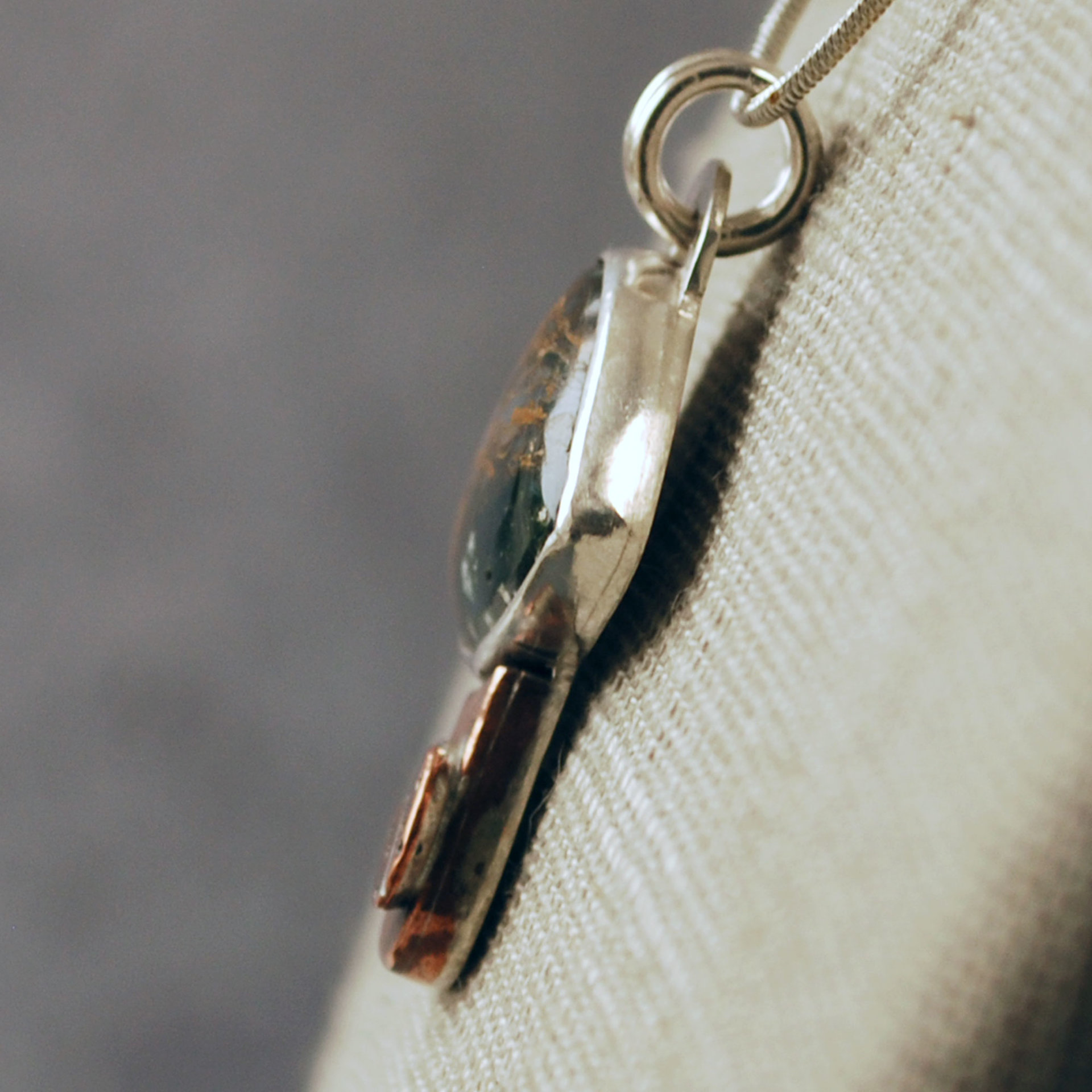 Silver, Copper Mushroom Pendant with Agate and Ladybug close up angle