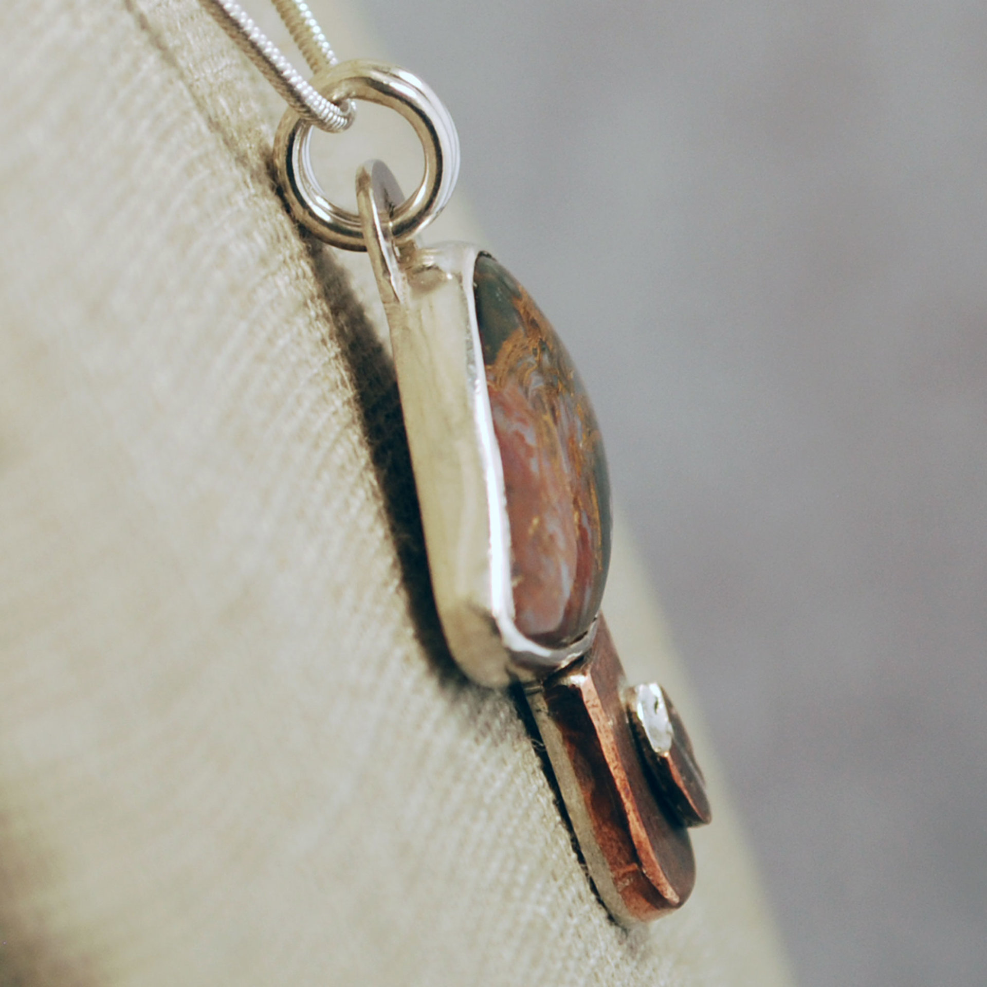 Silver, Copper Mushroom Pendant with Agate and Ladybug close up angle