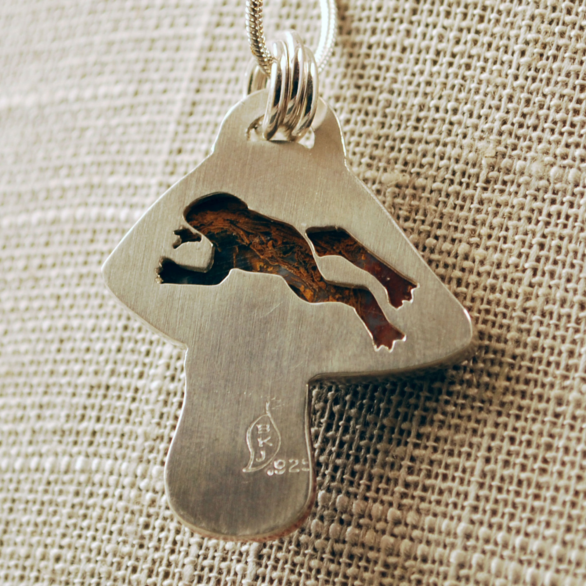 Silver, Copper Mushroom Pendant with Agate and Ladybug close up back
