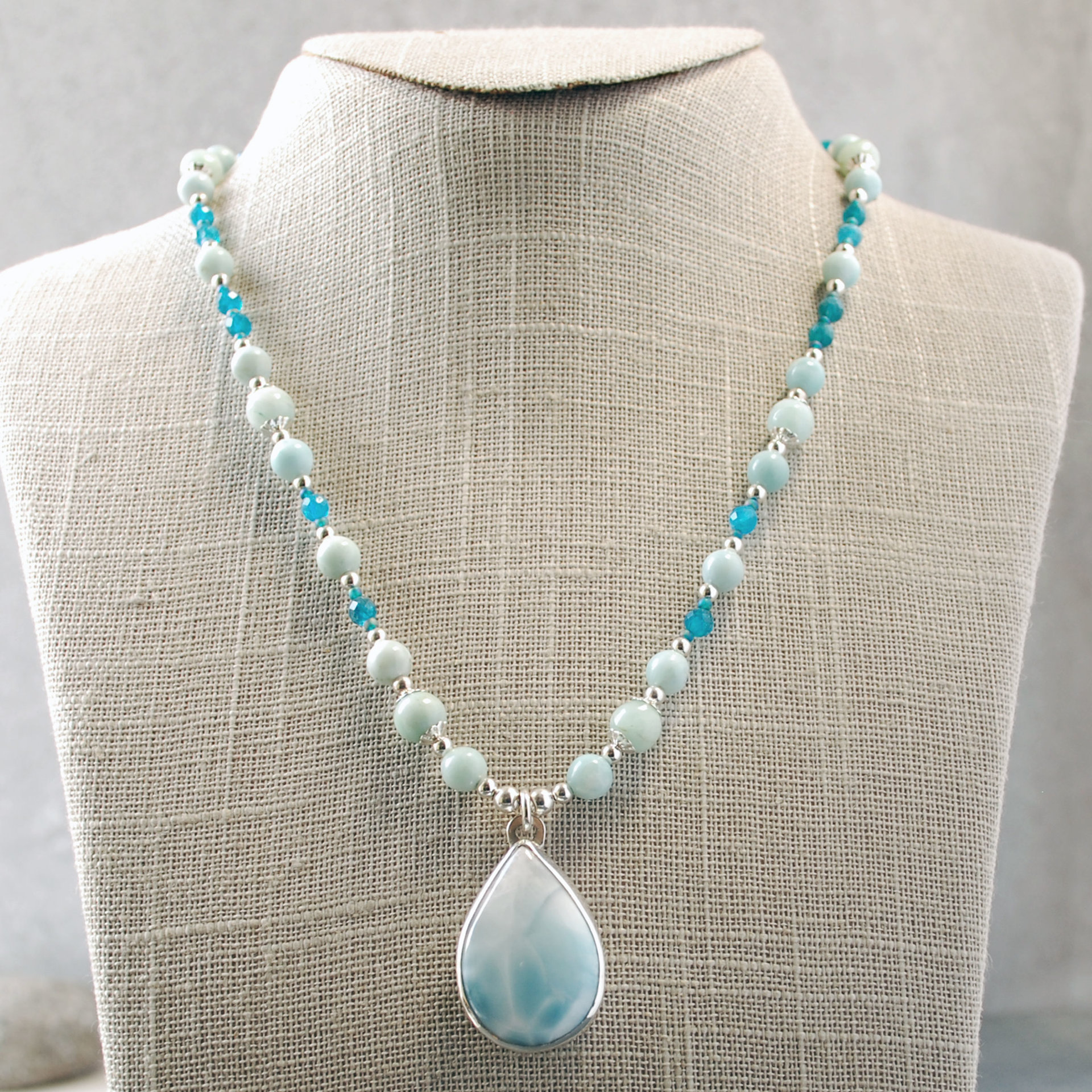 Larimar Silver Beaded Necklace, Larimar Pendant hanging straight on