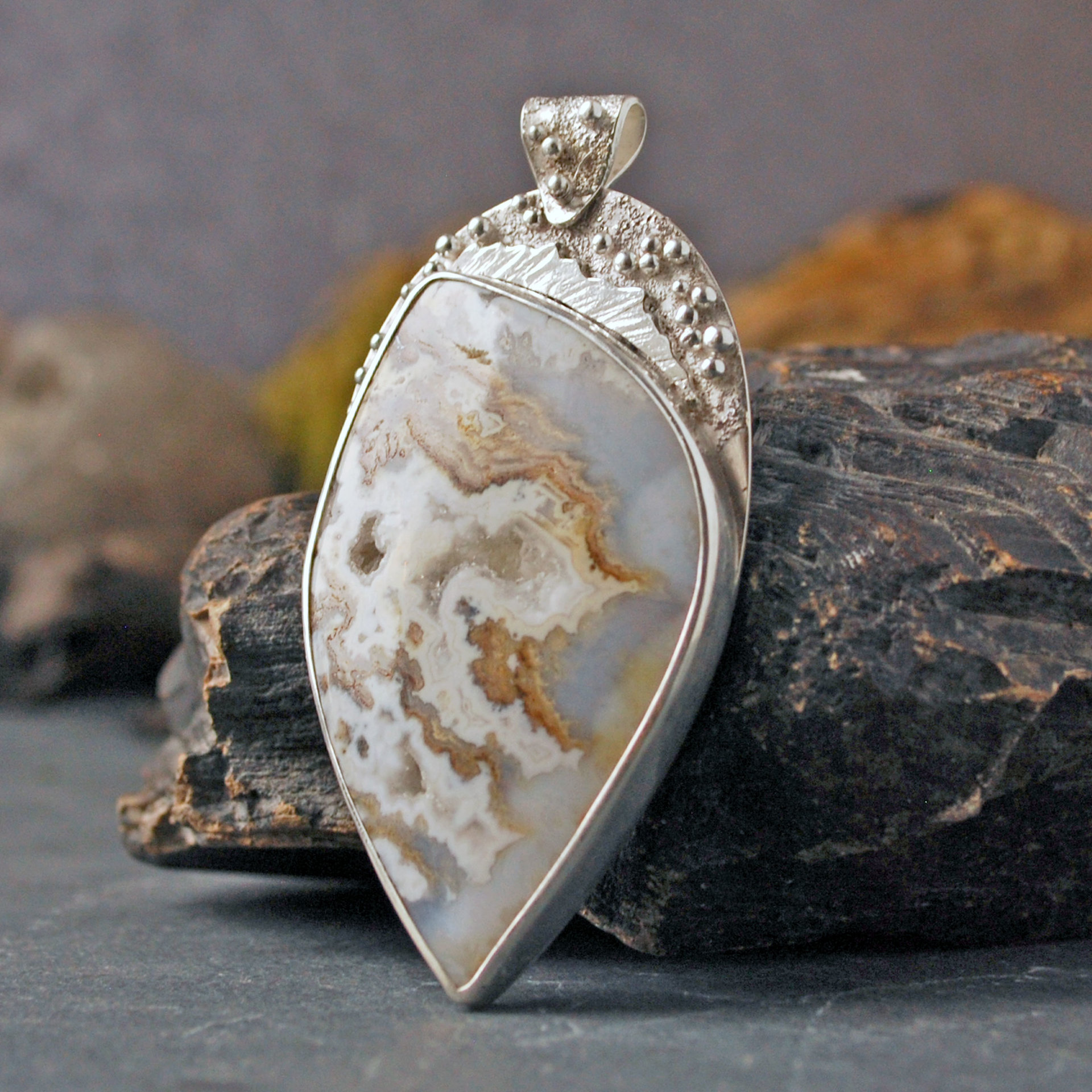 Plume Agate Pendant, with Druzy, Sterling Silver