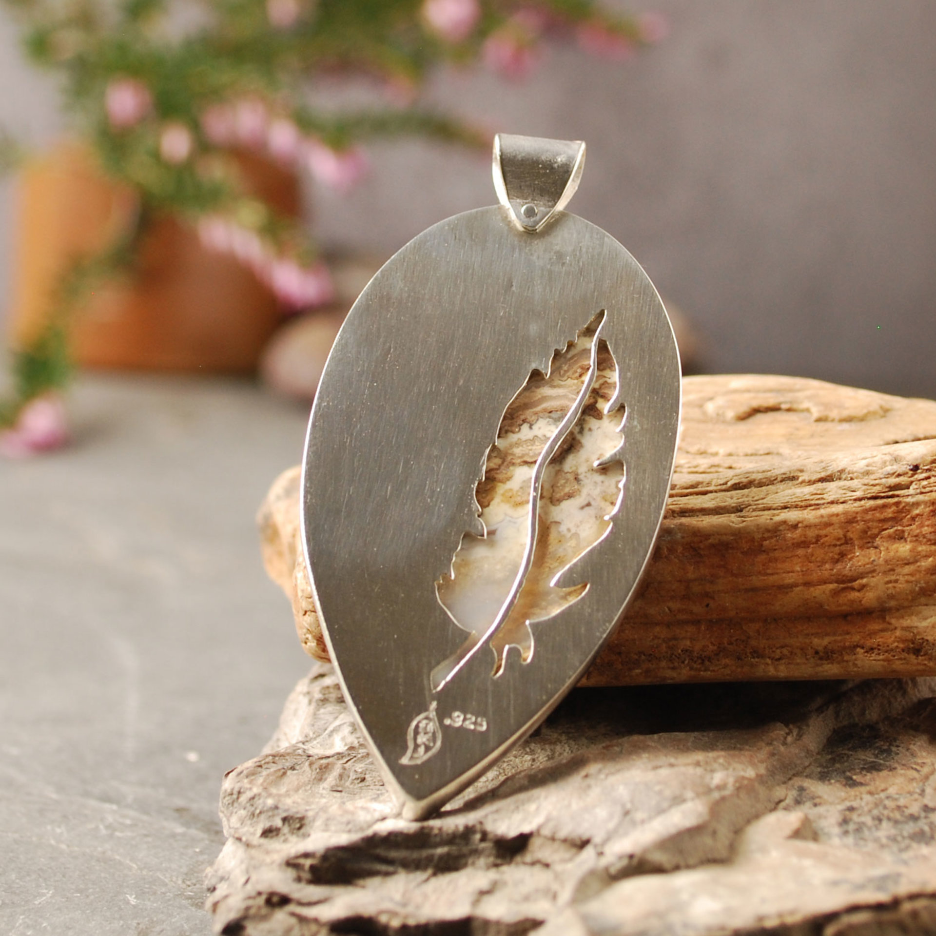 Plume Agate Pendant, with Druzy, Sterling Silver back