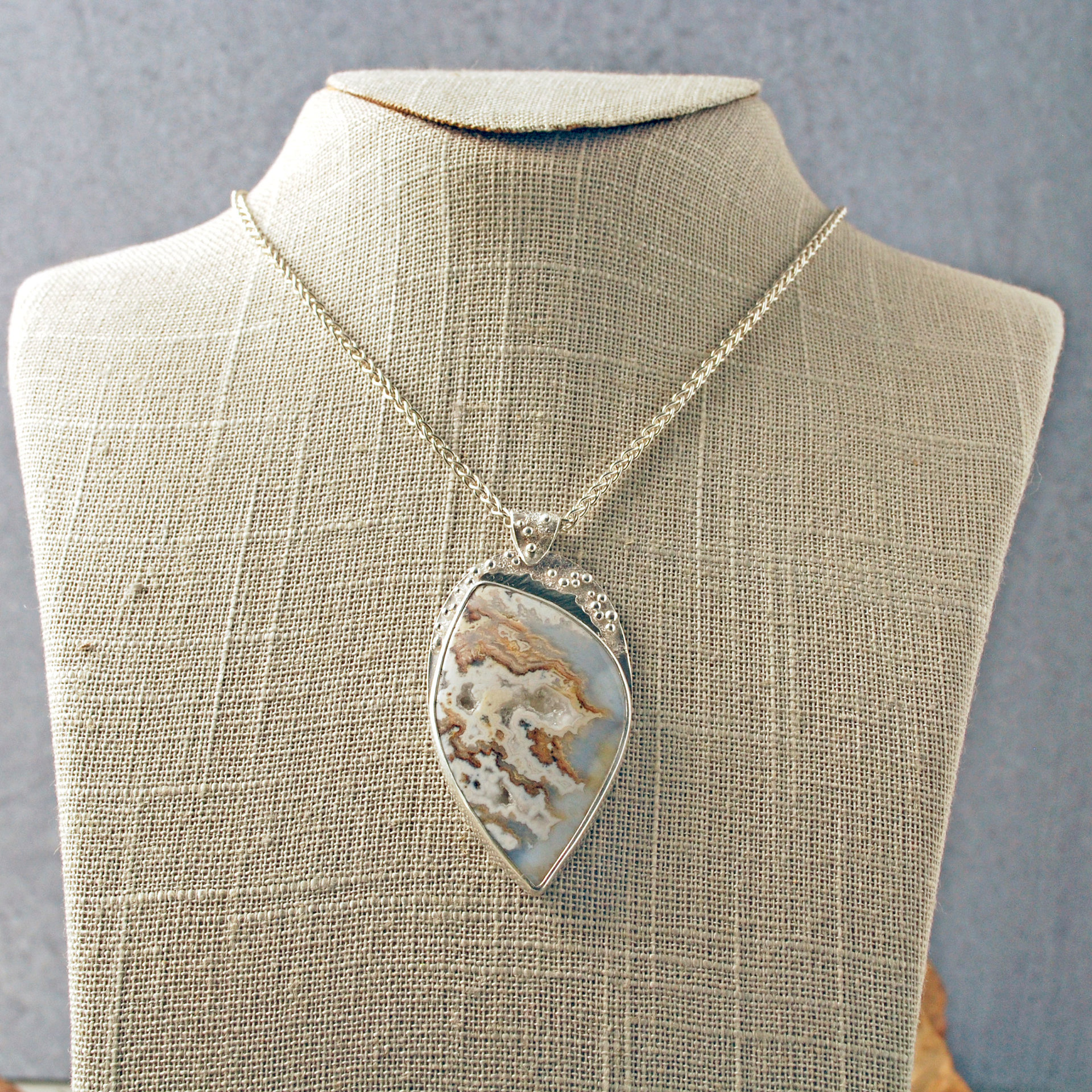 Plume Agate Pendant, with Druzy, Sterling Silver hanging straight on