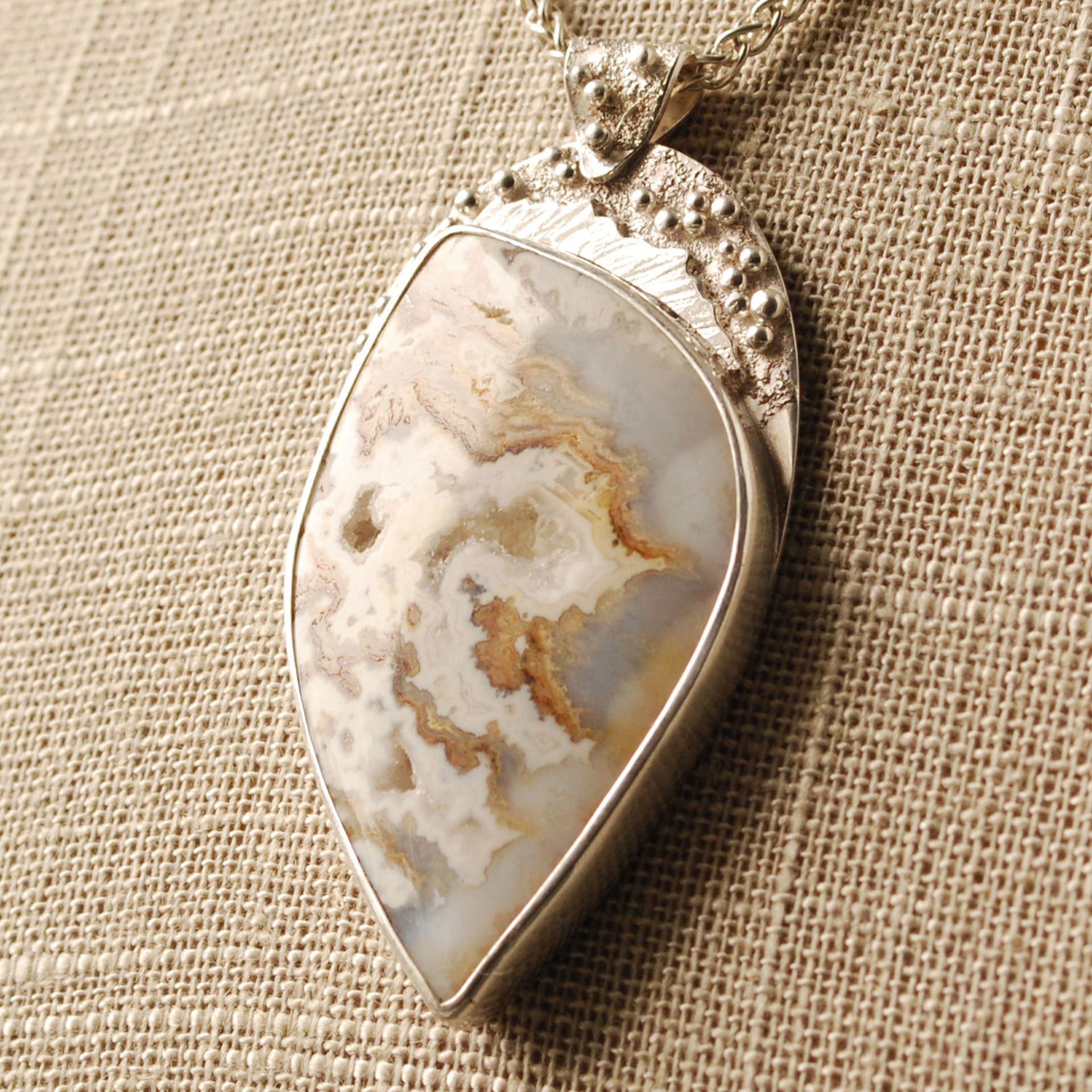 Plume Agate Pendant, with Druzy, Sterling Silver close-up slight angle