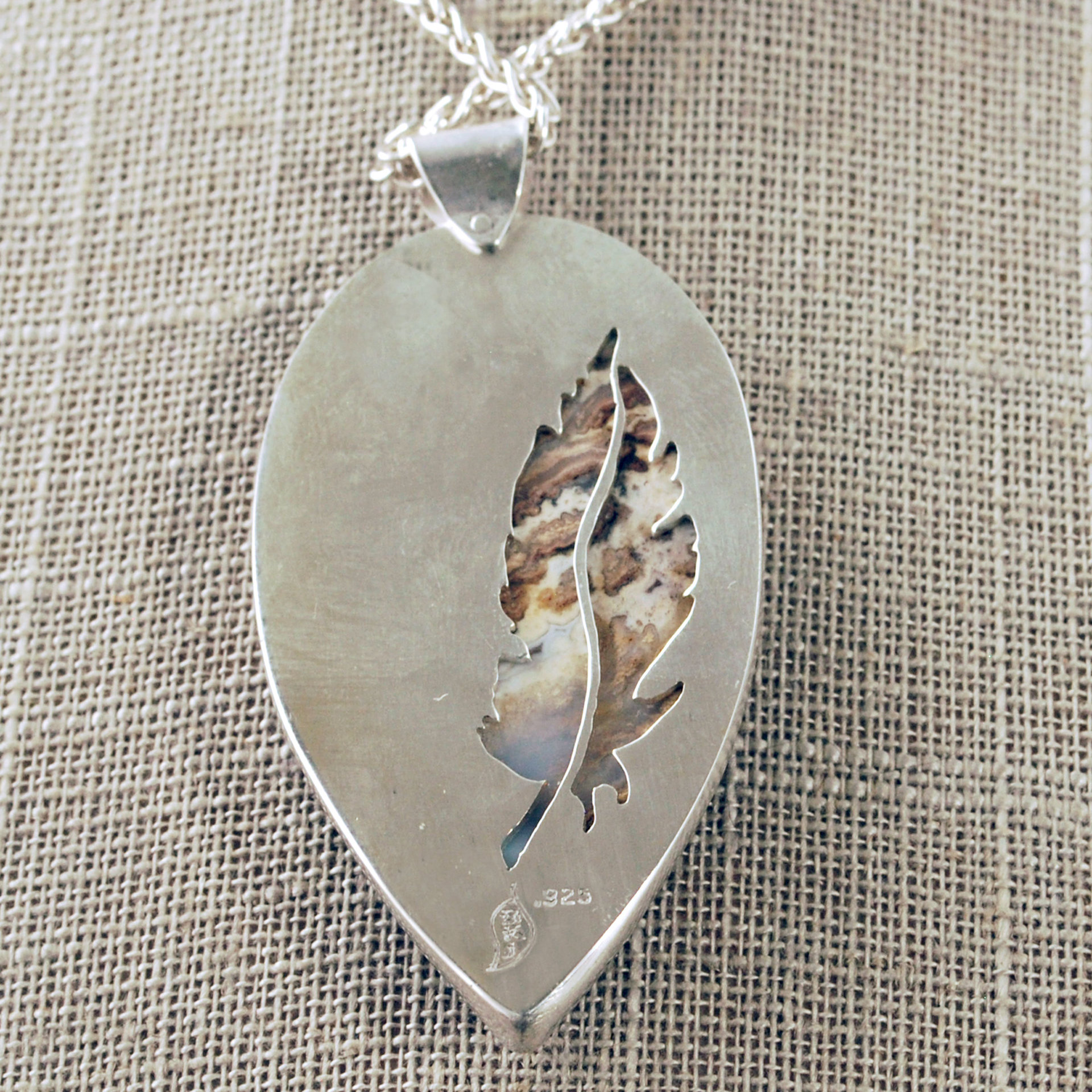 Plume Agate Pendant, with Druzy, Sterling Silver close-up back