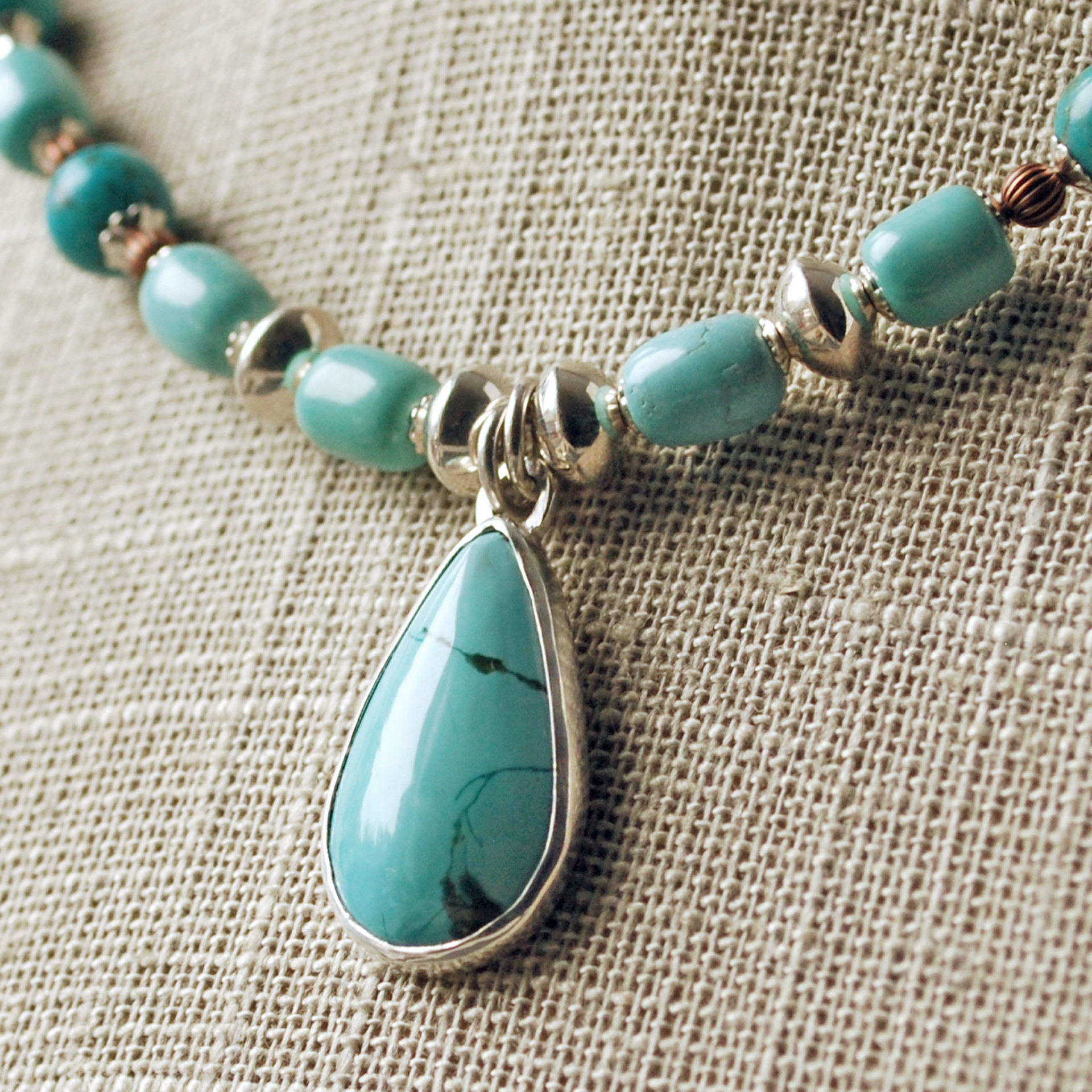 Nacozari Turquoise, Silver, Copper Necklace, pendant close-up