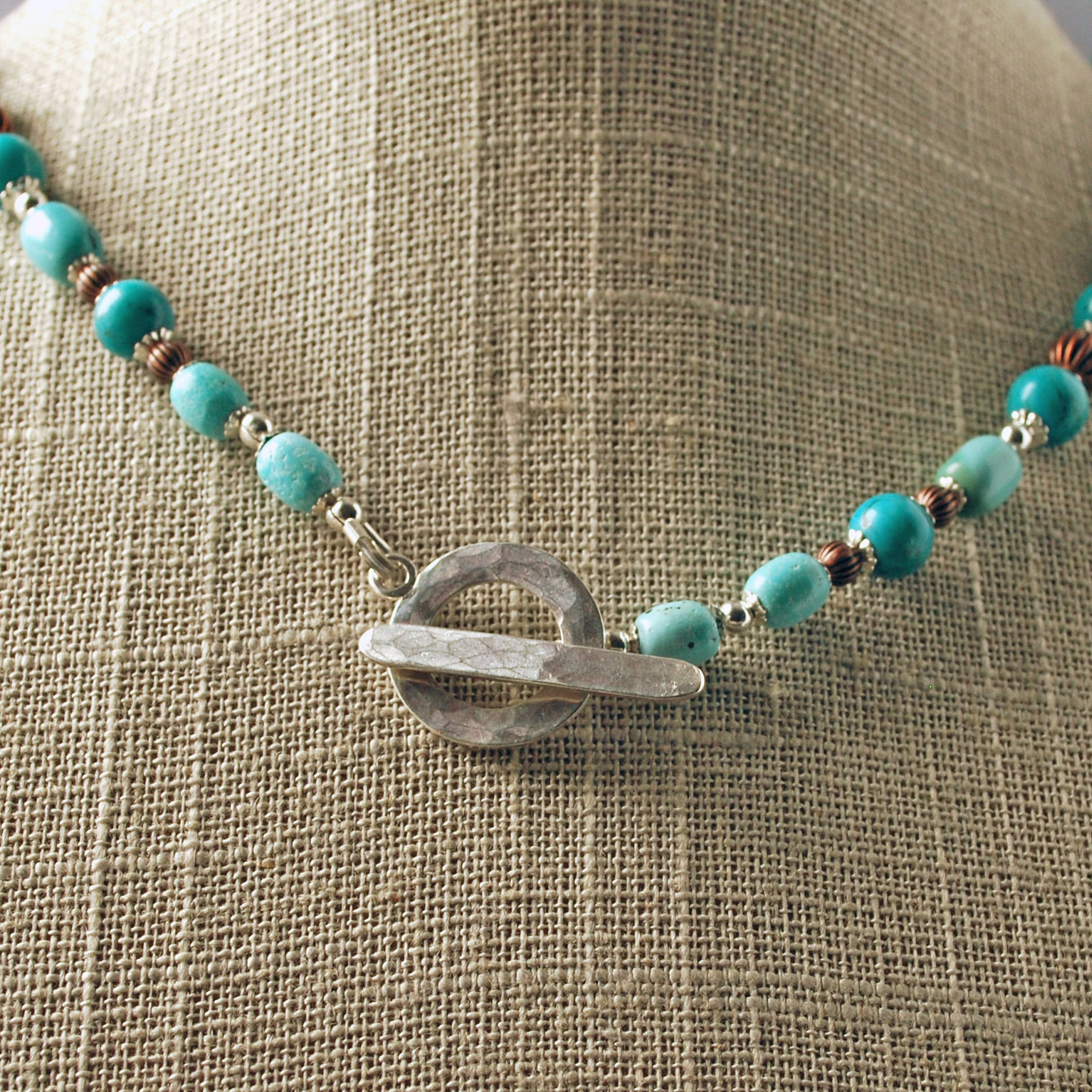 Nacozari Turquoise, Silver, Copper Necklace, toggle clasp close-up