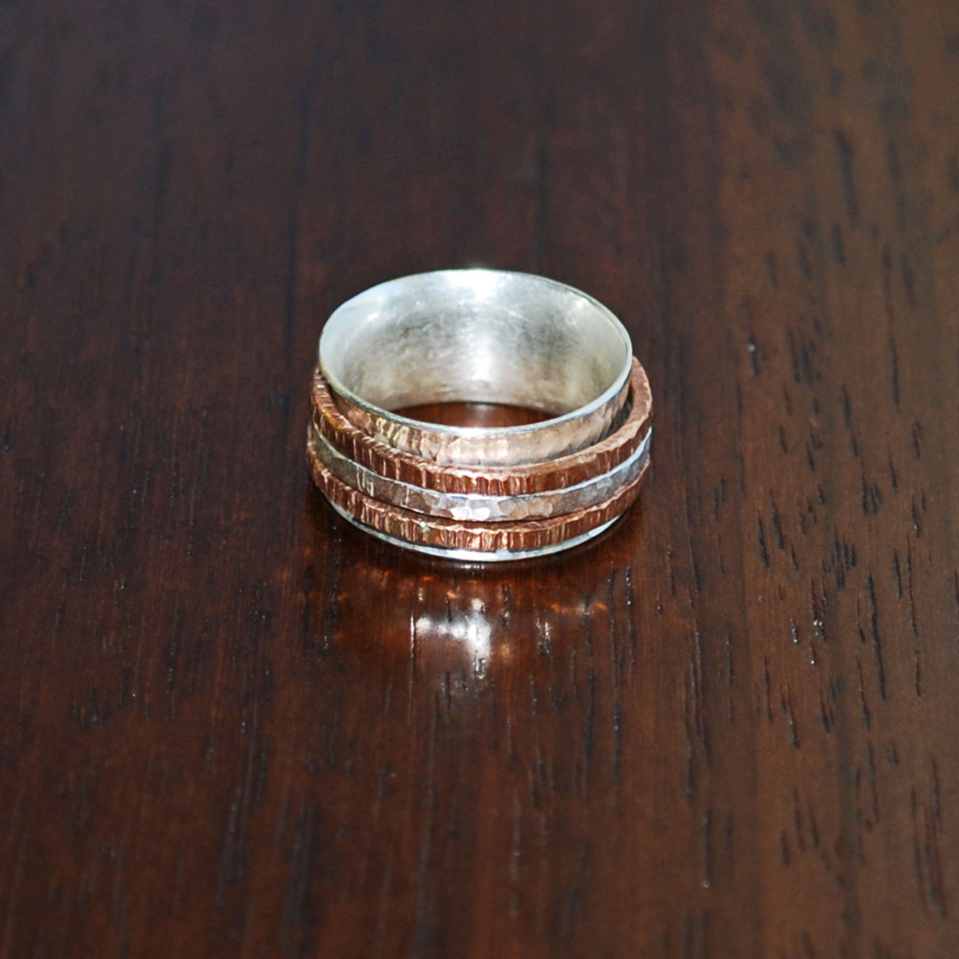Silver Copper Spinner Ring, Triple Spinner Ring, Kinetic Ring
