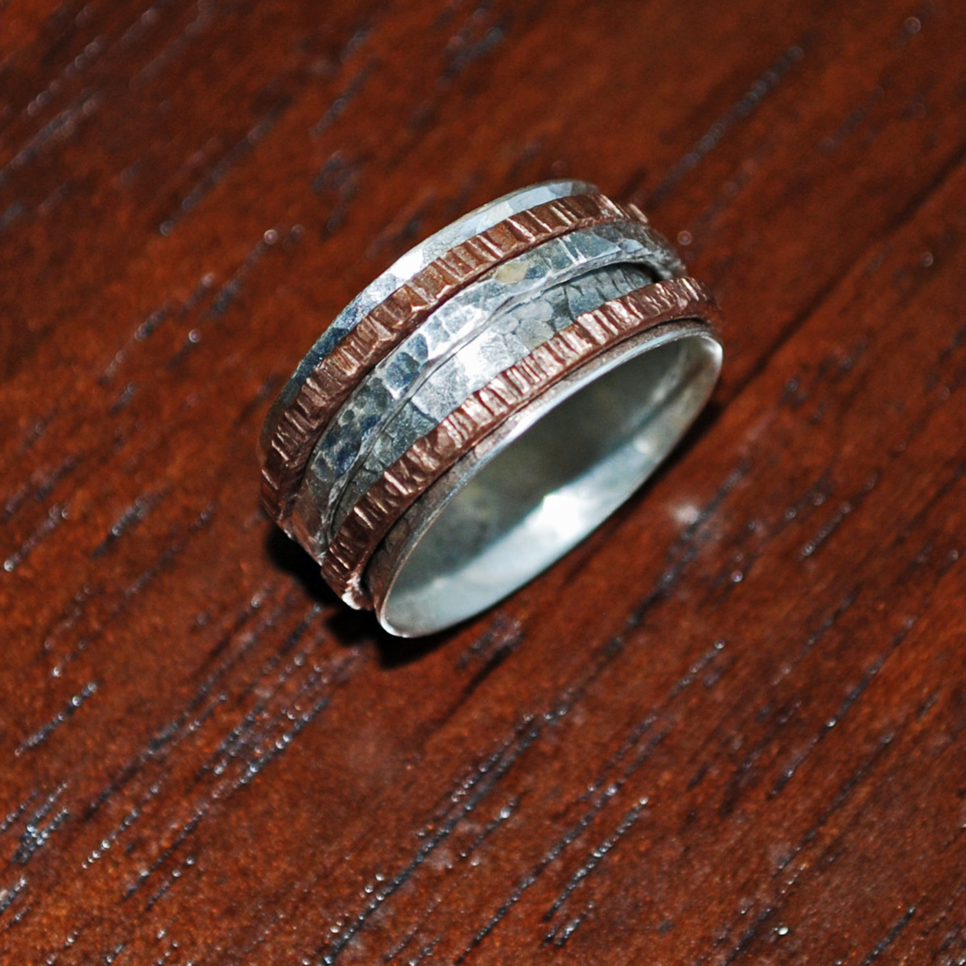 Silver Copper Spinner Ring, Triple Spinner Ring, Kinetic Ring