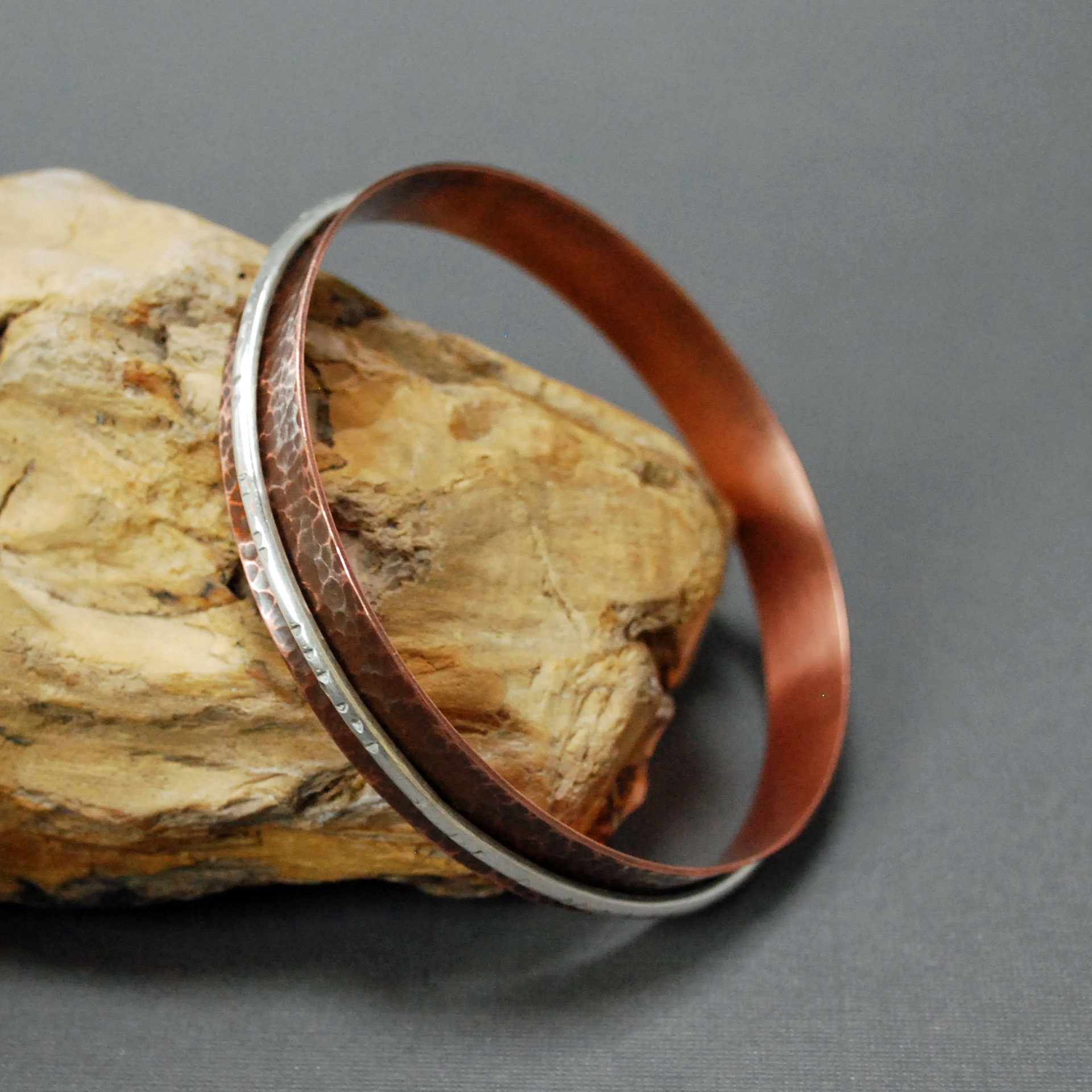 Copper Silver Spinner Bangle, Hammered Copper Bracelet, Kinetic Bracelet