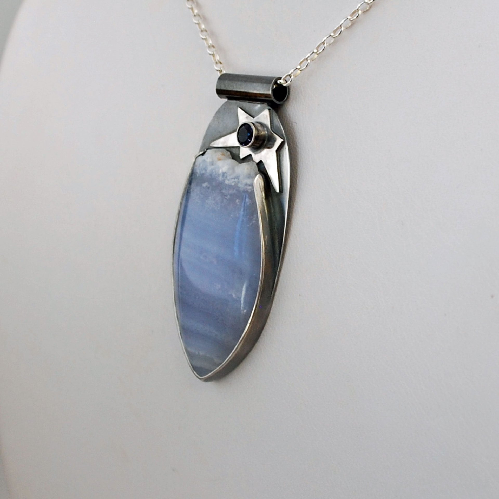 Blue Lace Agate with Druzy, Silver and Iolite  Pendant