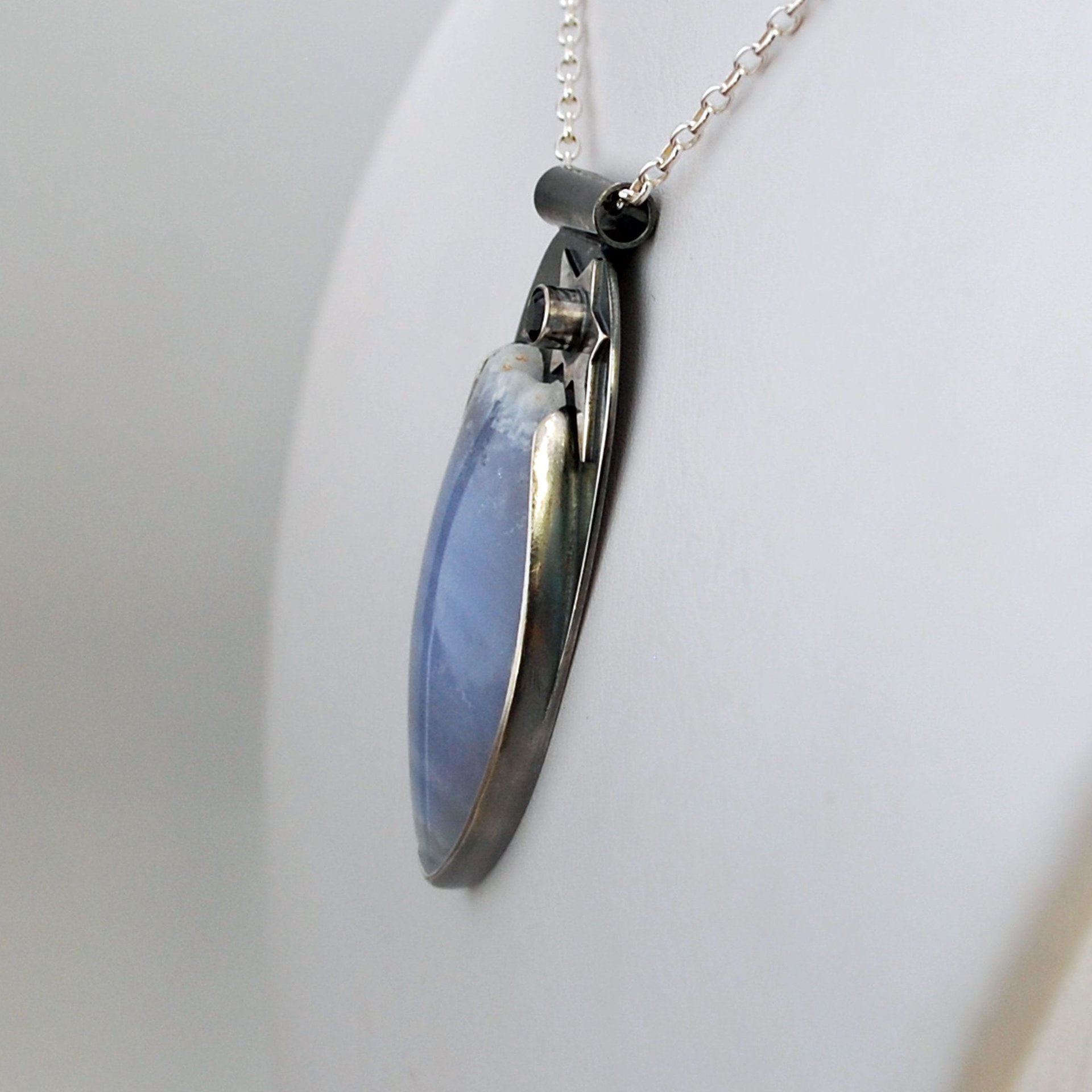 Blue Lace Agate with Druzy, Silver and Iolite  Pendant