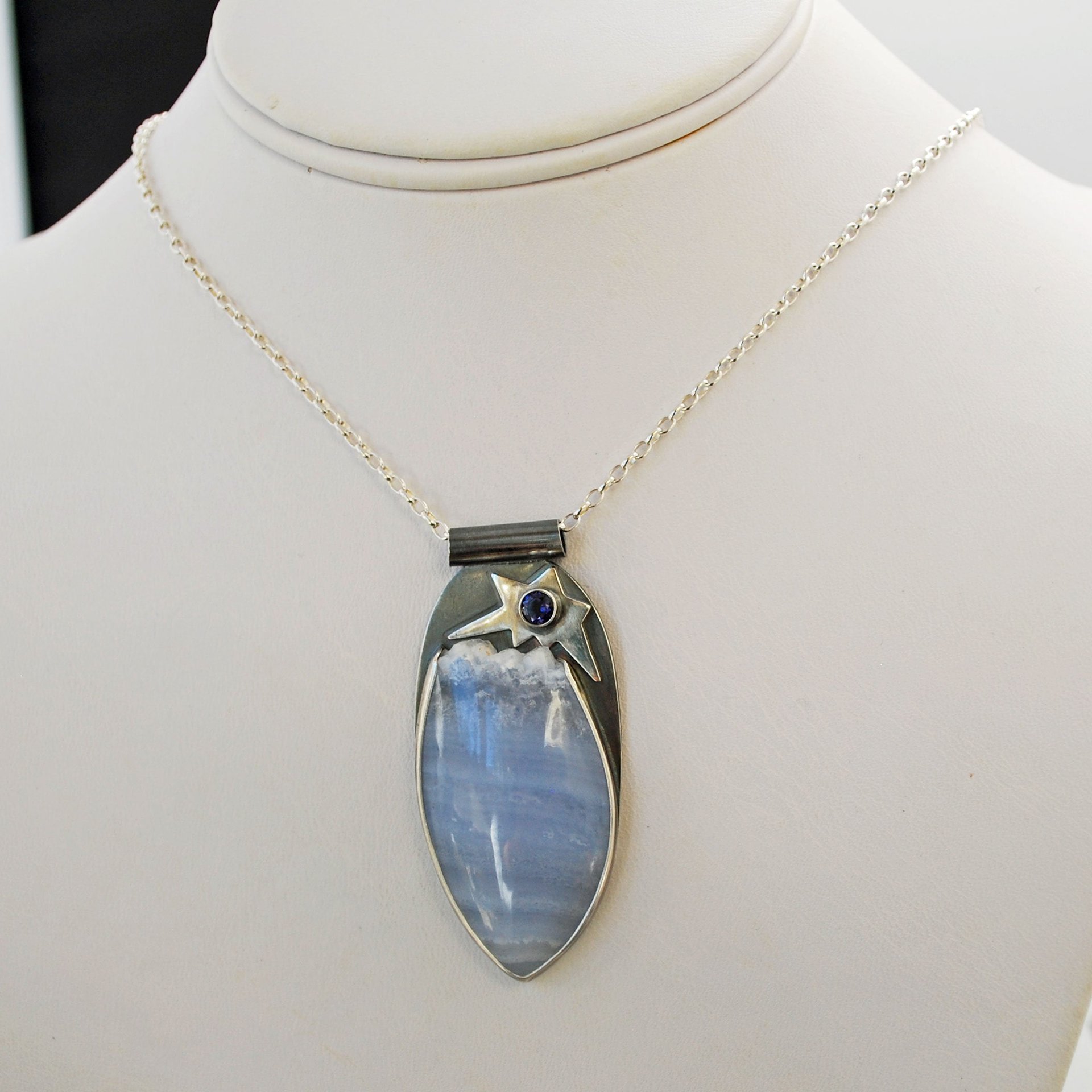 Blue Lace Agate with Druzy, Silver and Iolite  Pendant
