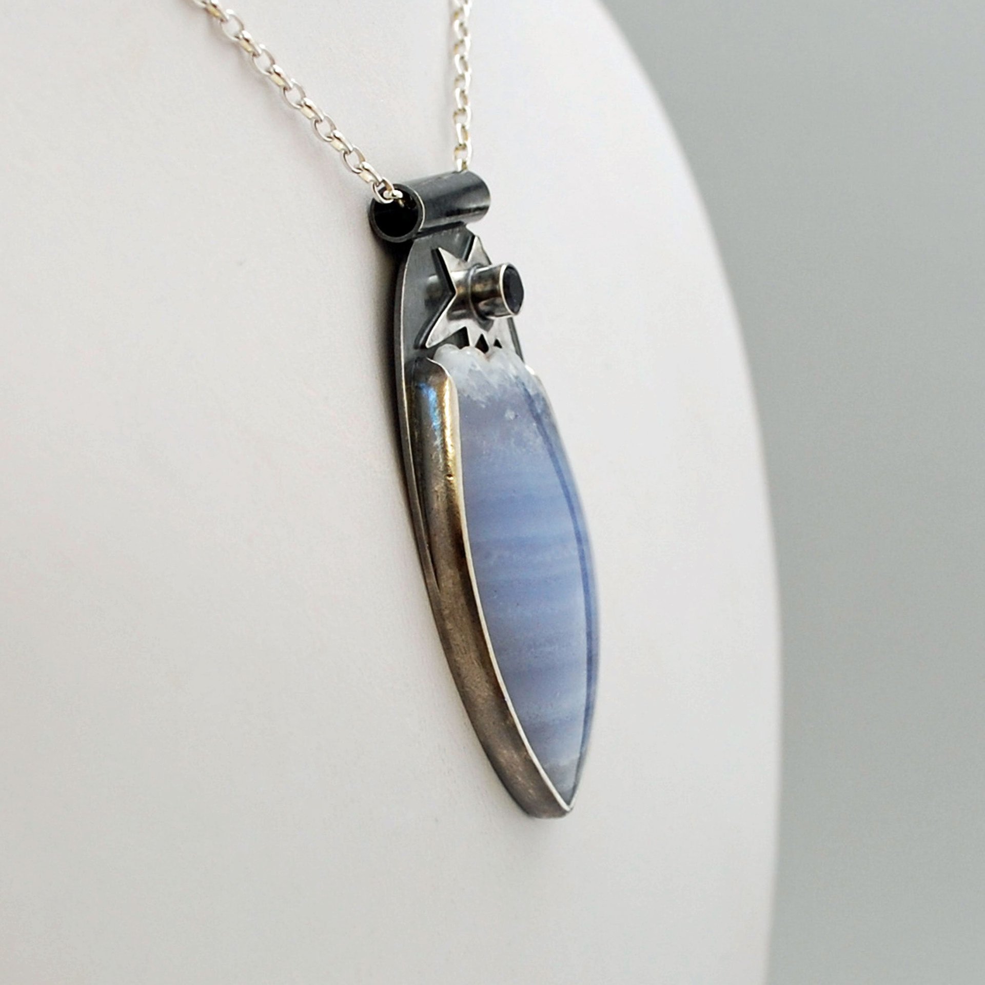 Blue Lace Agate with Druzy, Silver and Iolite  Pendant
