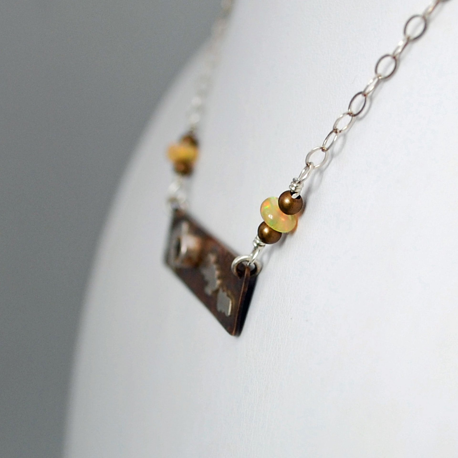 Hammered Bronze Bar Necklace with Citrine and Silver Clouds