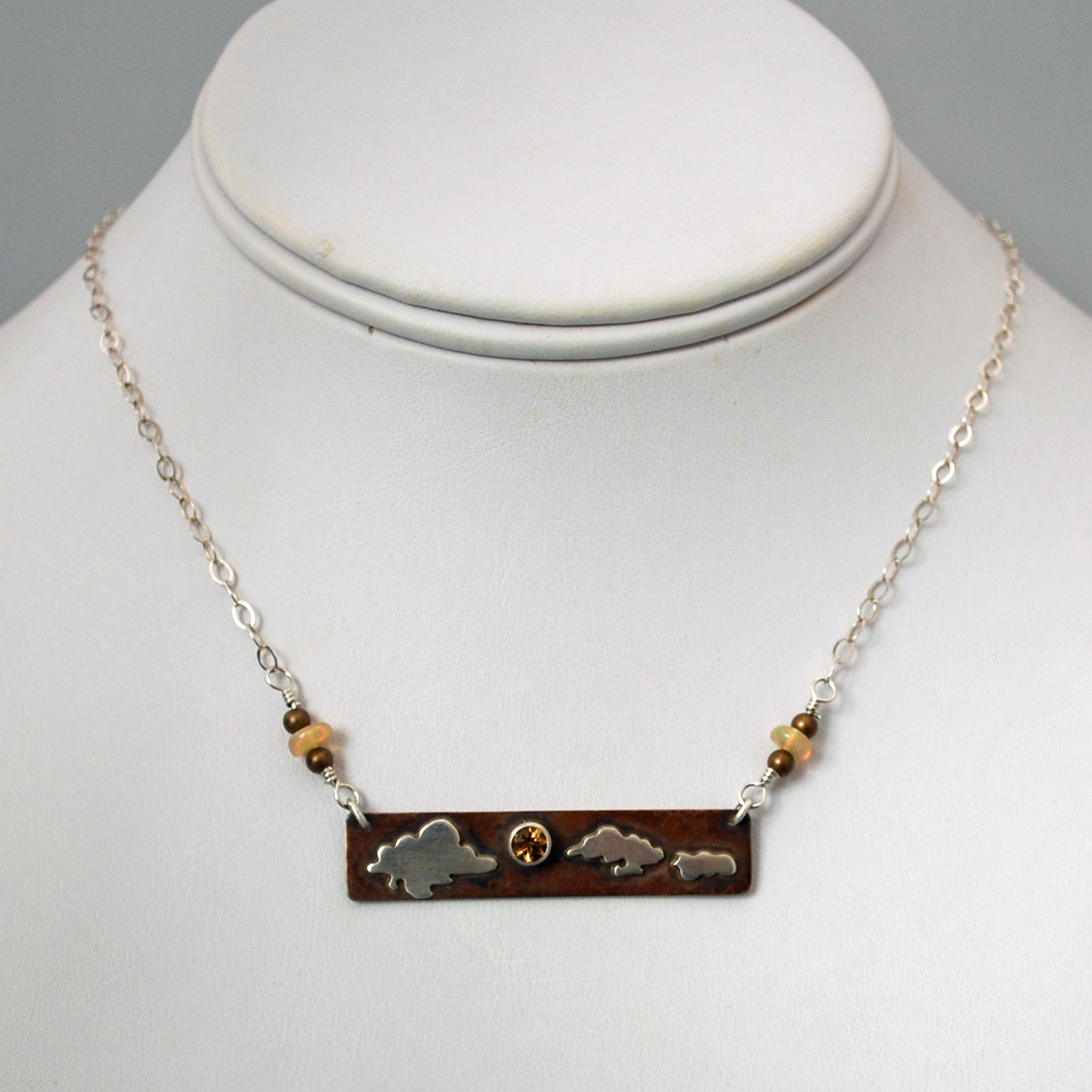 Hammered Bronze Bar Necklace with Citrine and Silver Clouds
