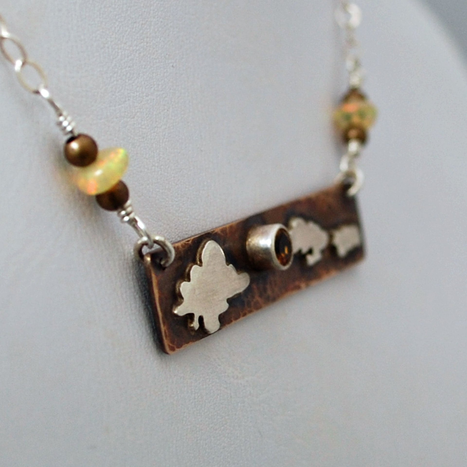 Hammered Bronze Bar Necklace with Citrine and Silver Clouds