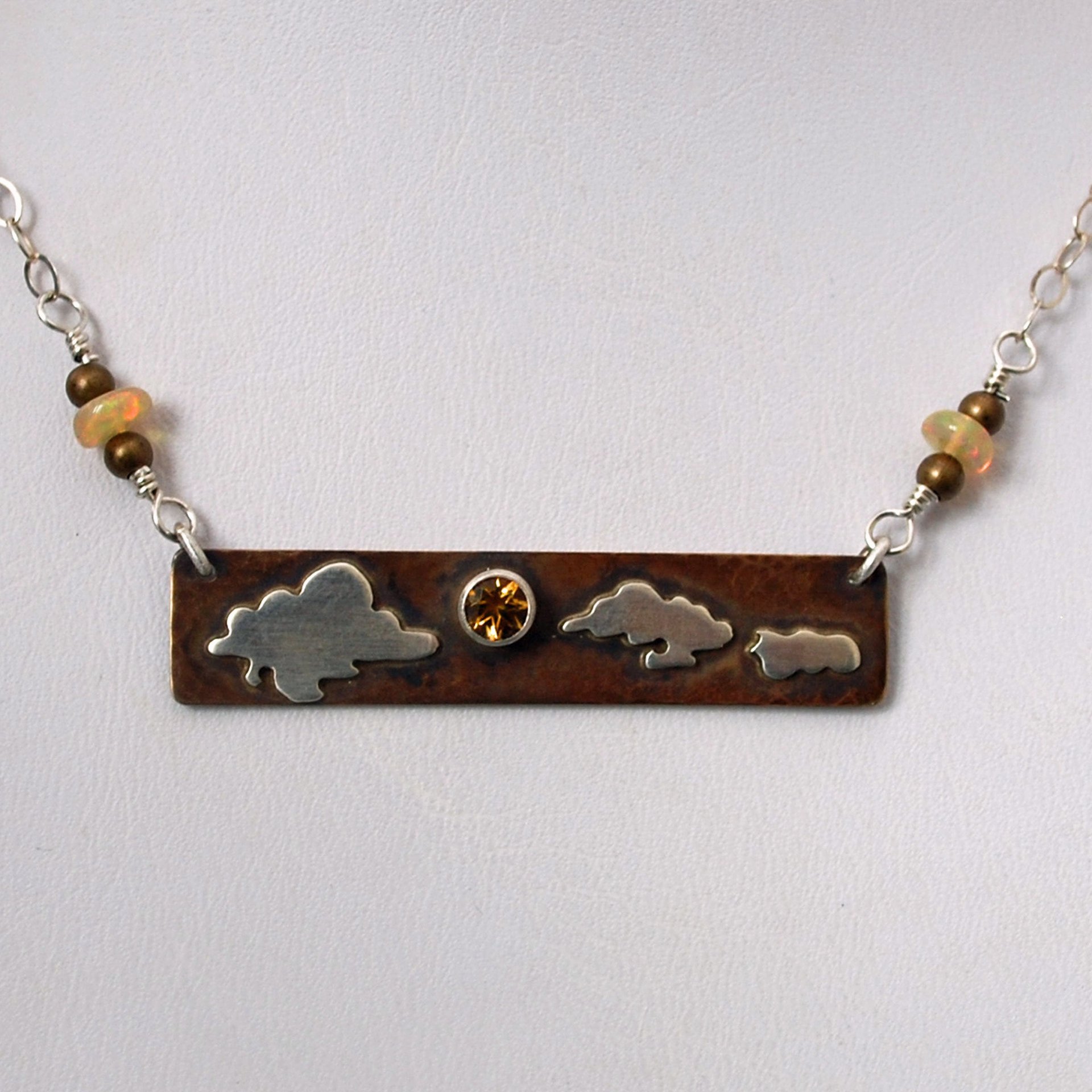Hammered Bronze Bar Necklace with Citrine and Silver Clouds