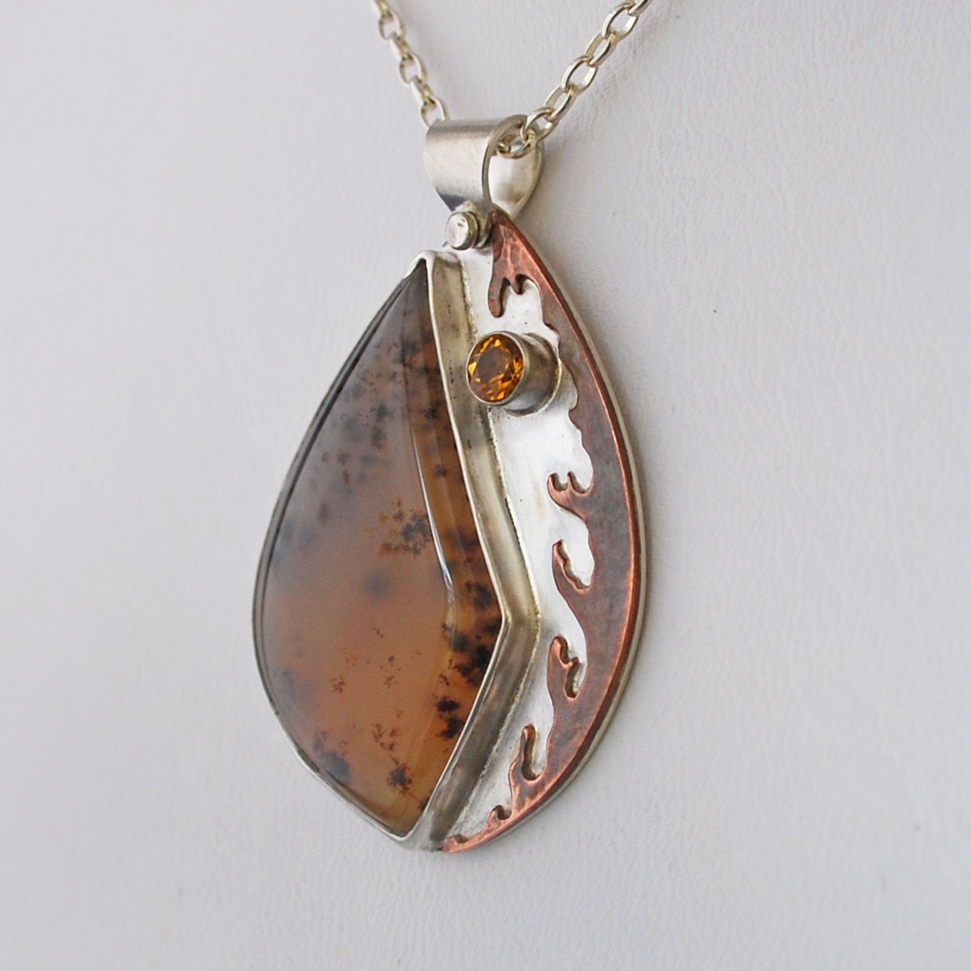 Montana Agate Silver Pendant with Citrine and Hammered Copper