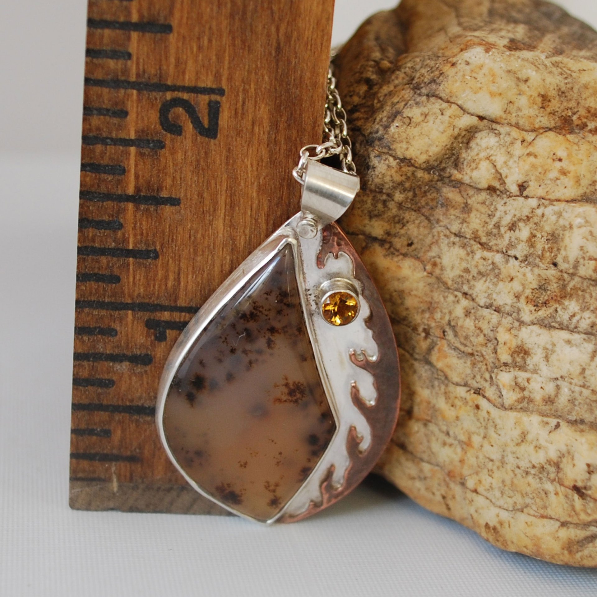 Montana Agate Silver Pendant with Citrine and Hammered Copper