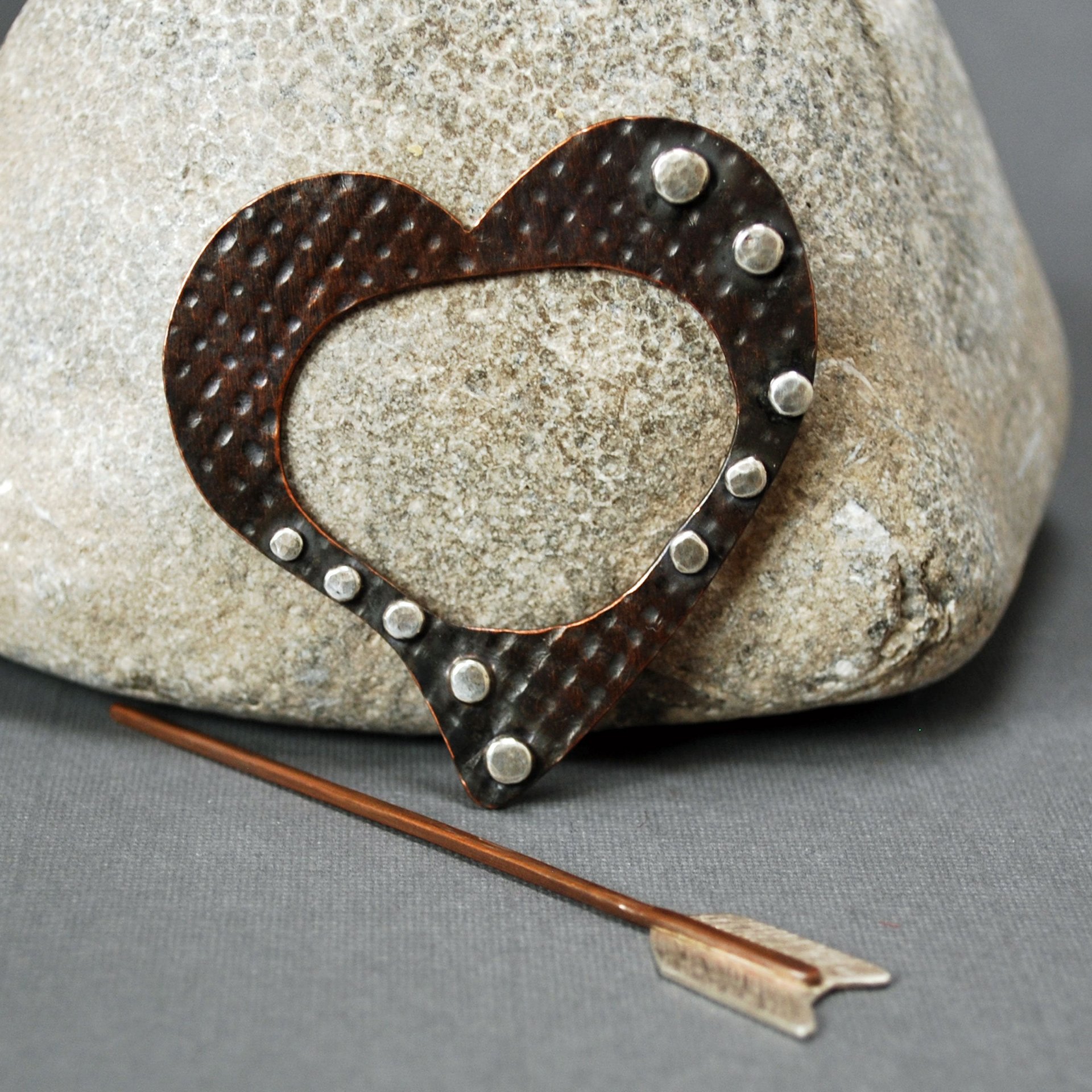 Copper and Silver Heart Shawl Pin, Scarf Pin, Fibula