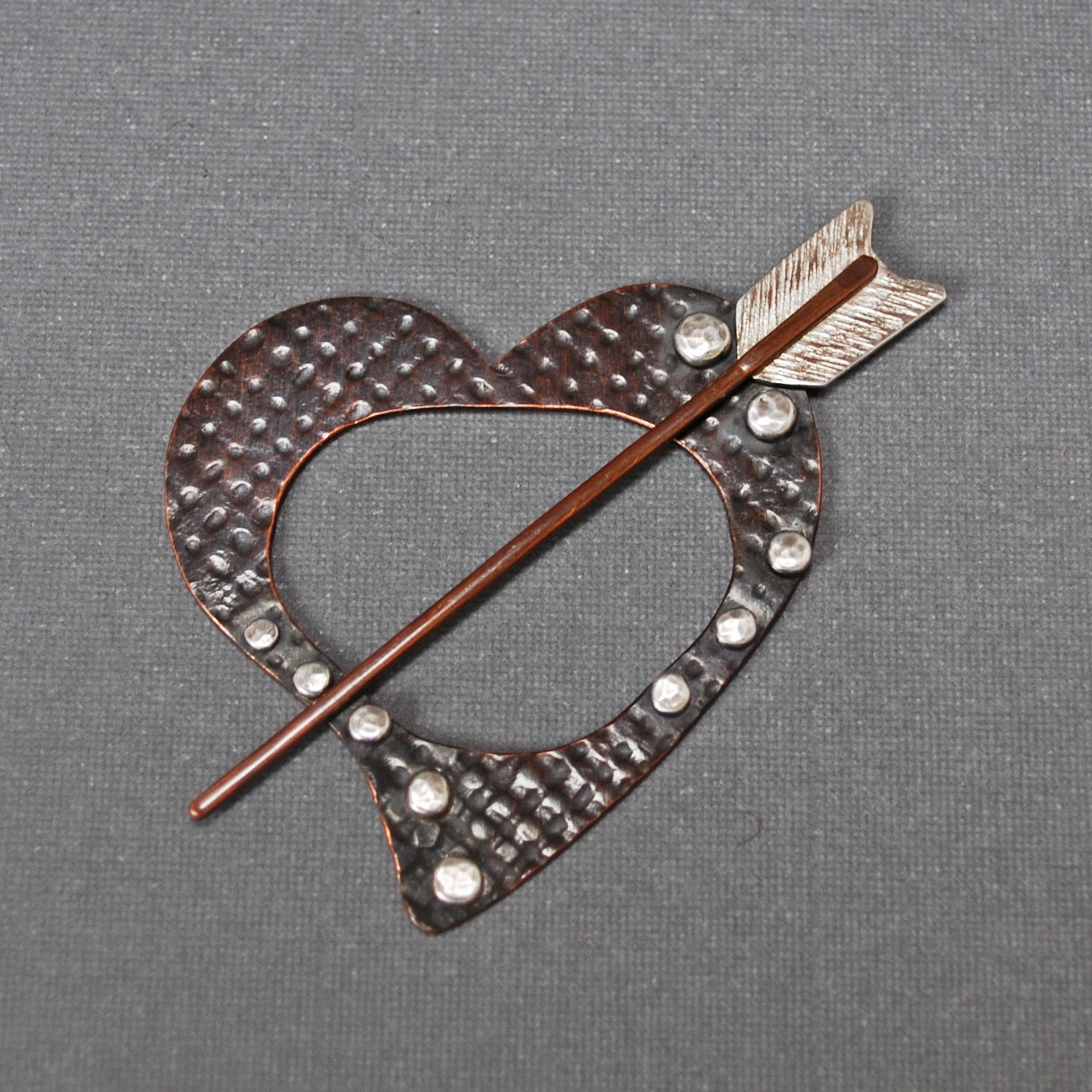 Copper and Silver Heart Shawl Pin, Scarf Pin, Fibula