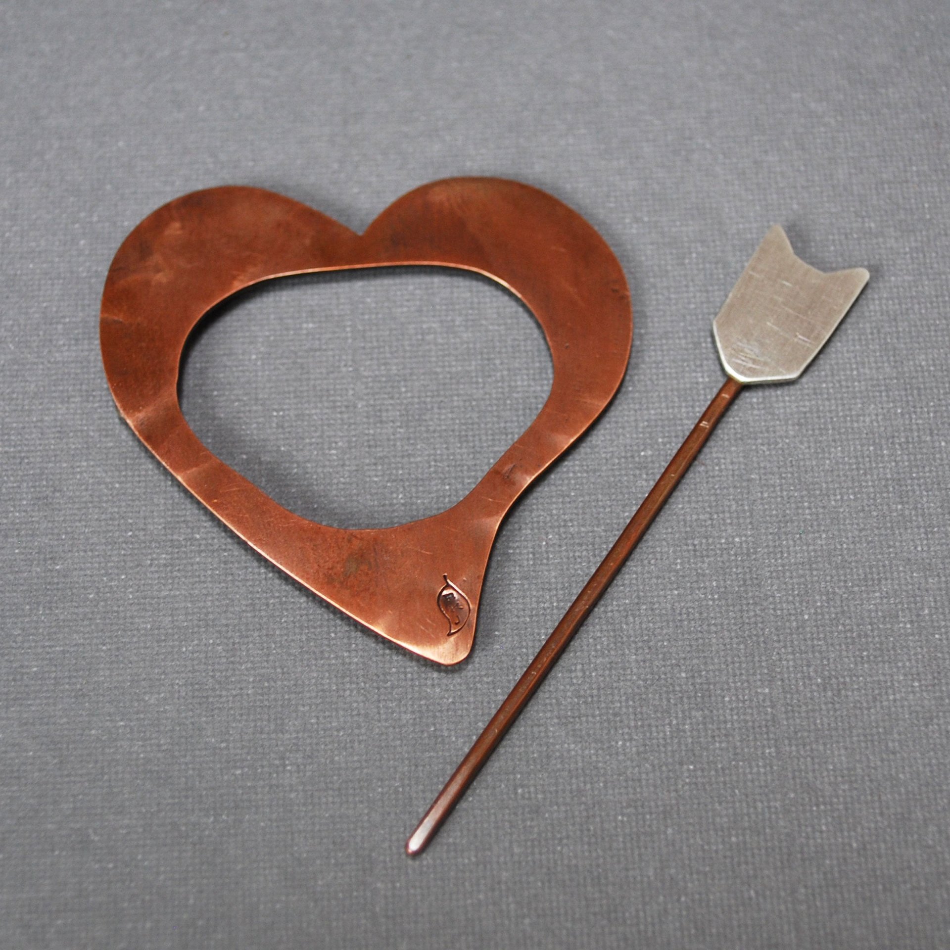 Copper and Silver Heart Shawl Pin, Scarf Pin, Fibula