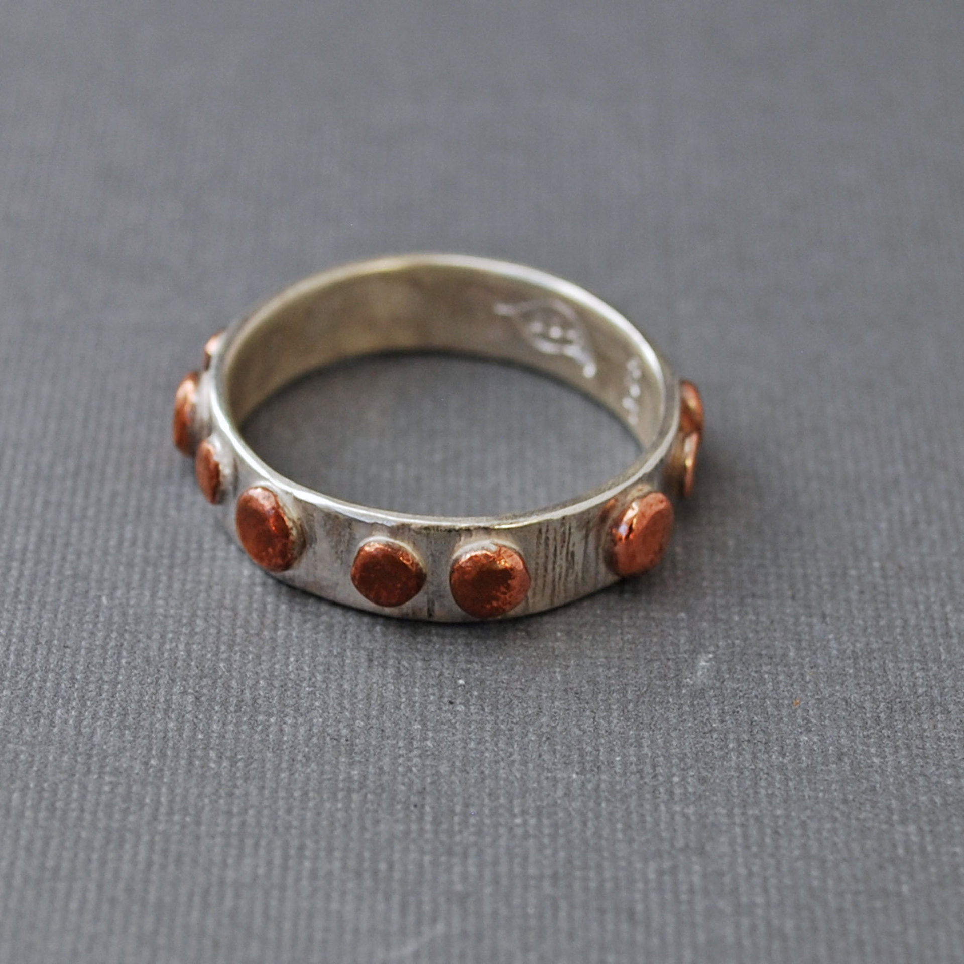 Hammered Silver Ring Band with Copper Dots
