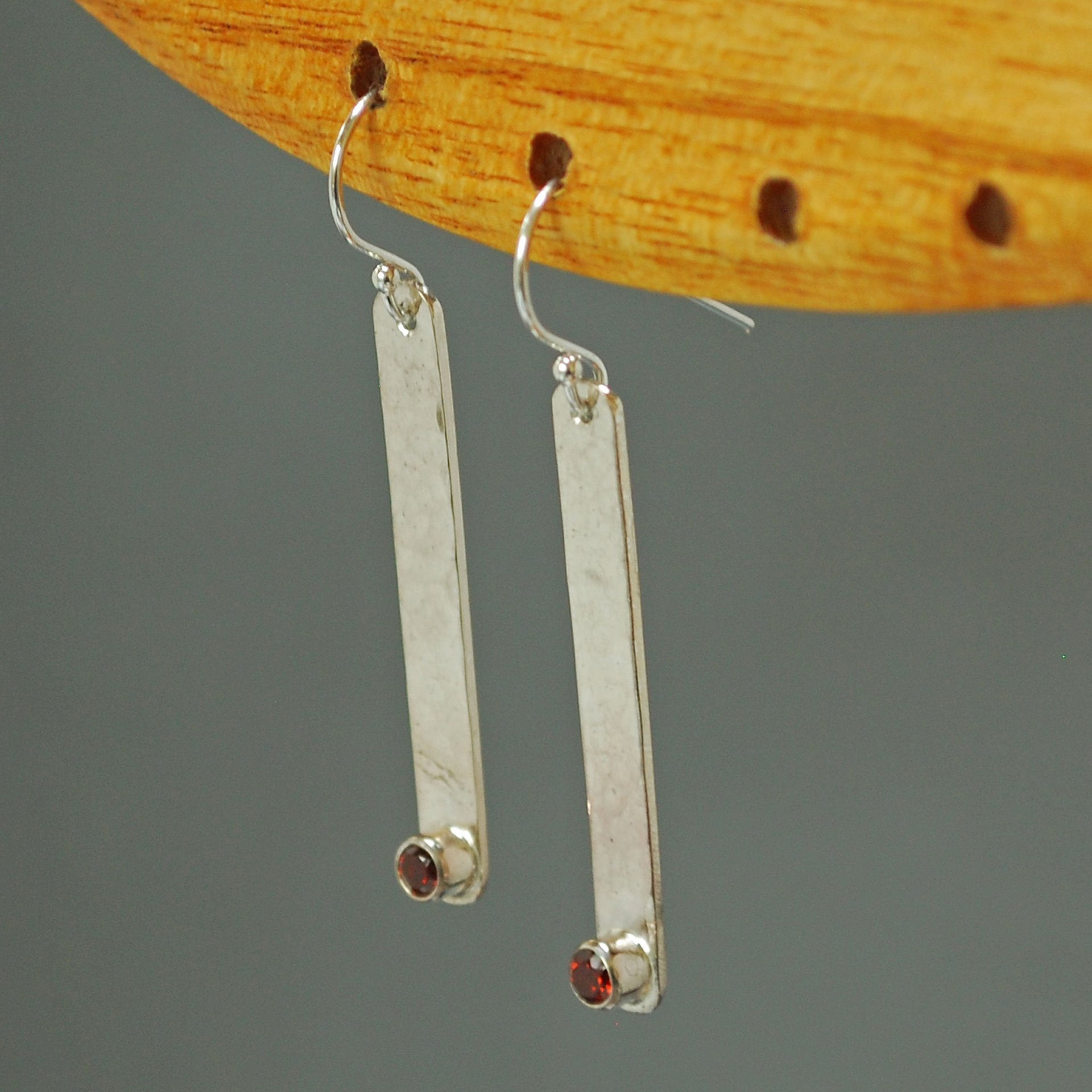 Hammered Silver Stick Earrings with Garnet, January Birthstone Earrings