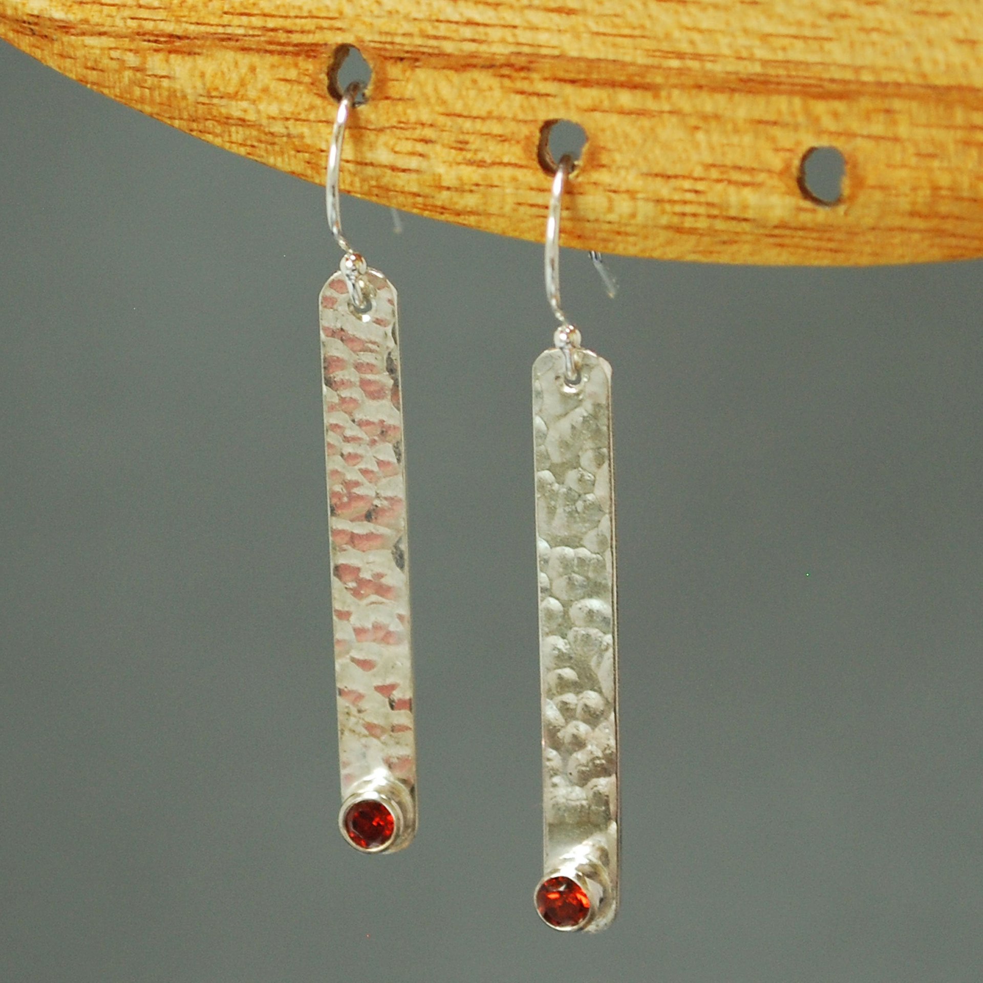 Hammered Silver Stick Earrings with Garnet, January Birthstone Earrings