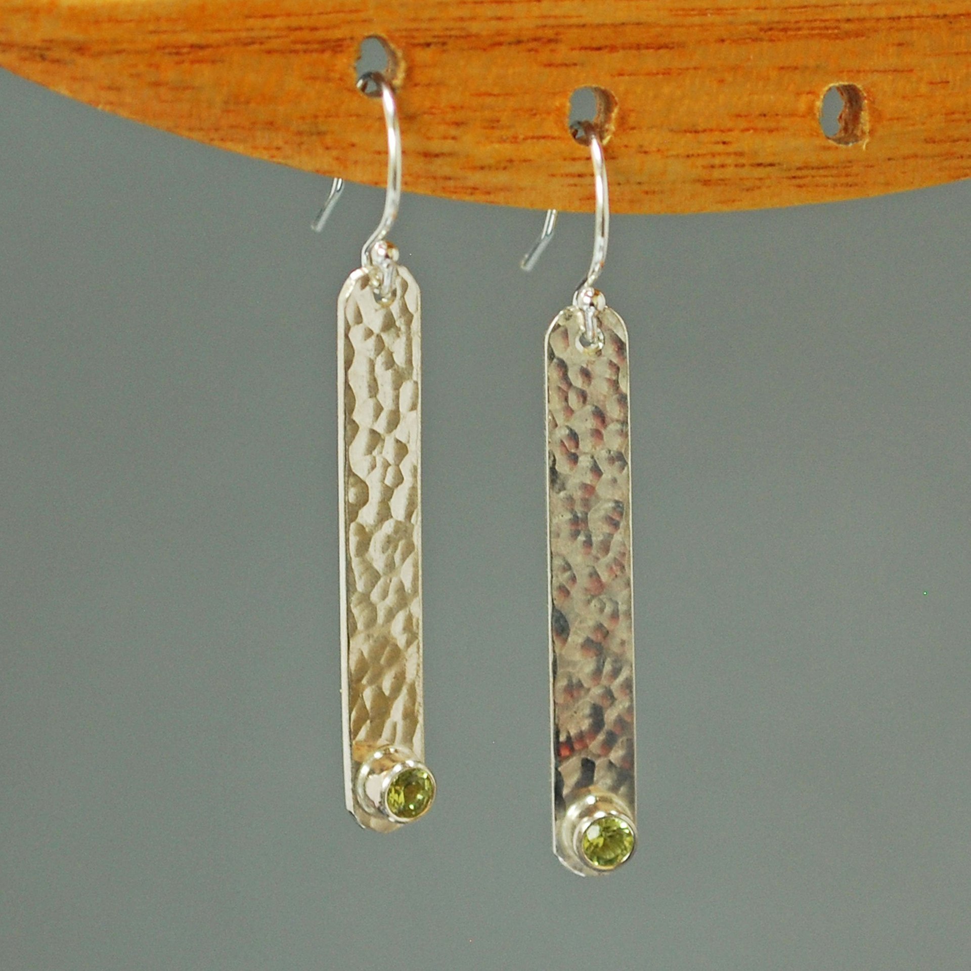 Hammered Silver Stick Earrings with Peridot,August Birthstone Earrings
