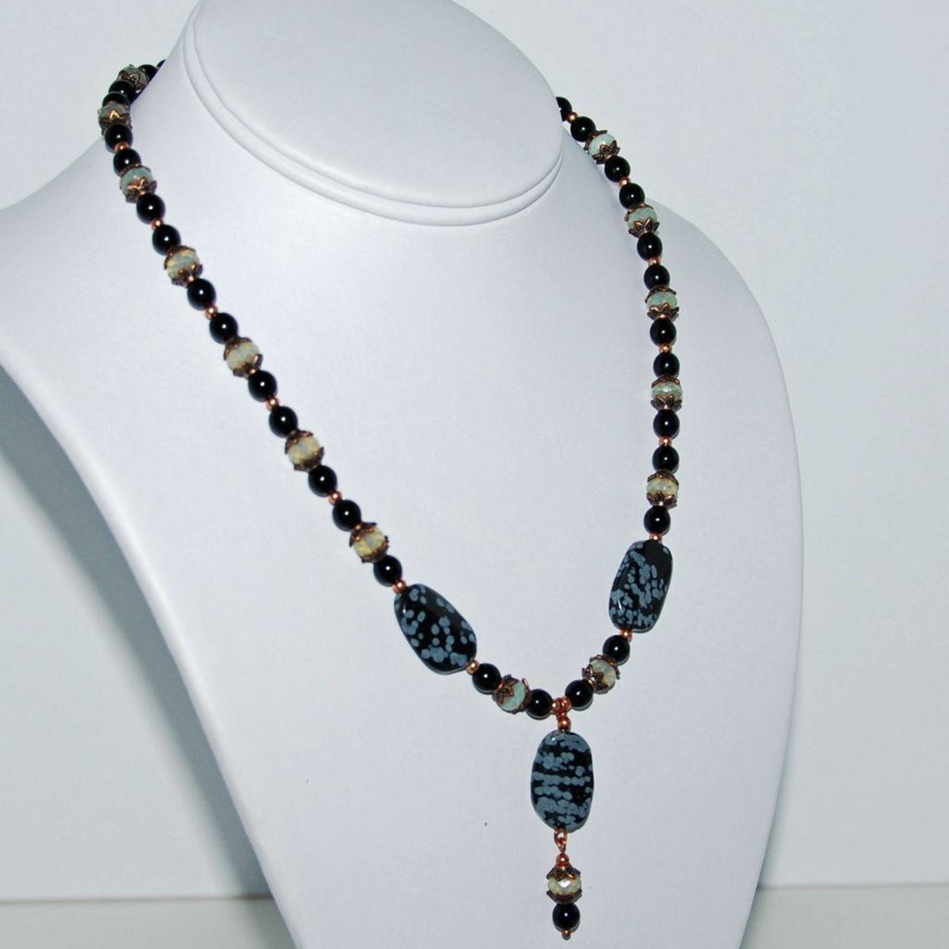 Snowflake Obsidian and Czech Glass Necklace