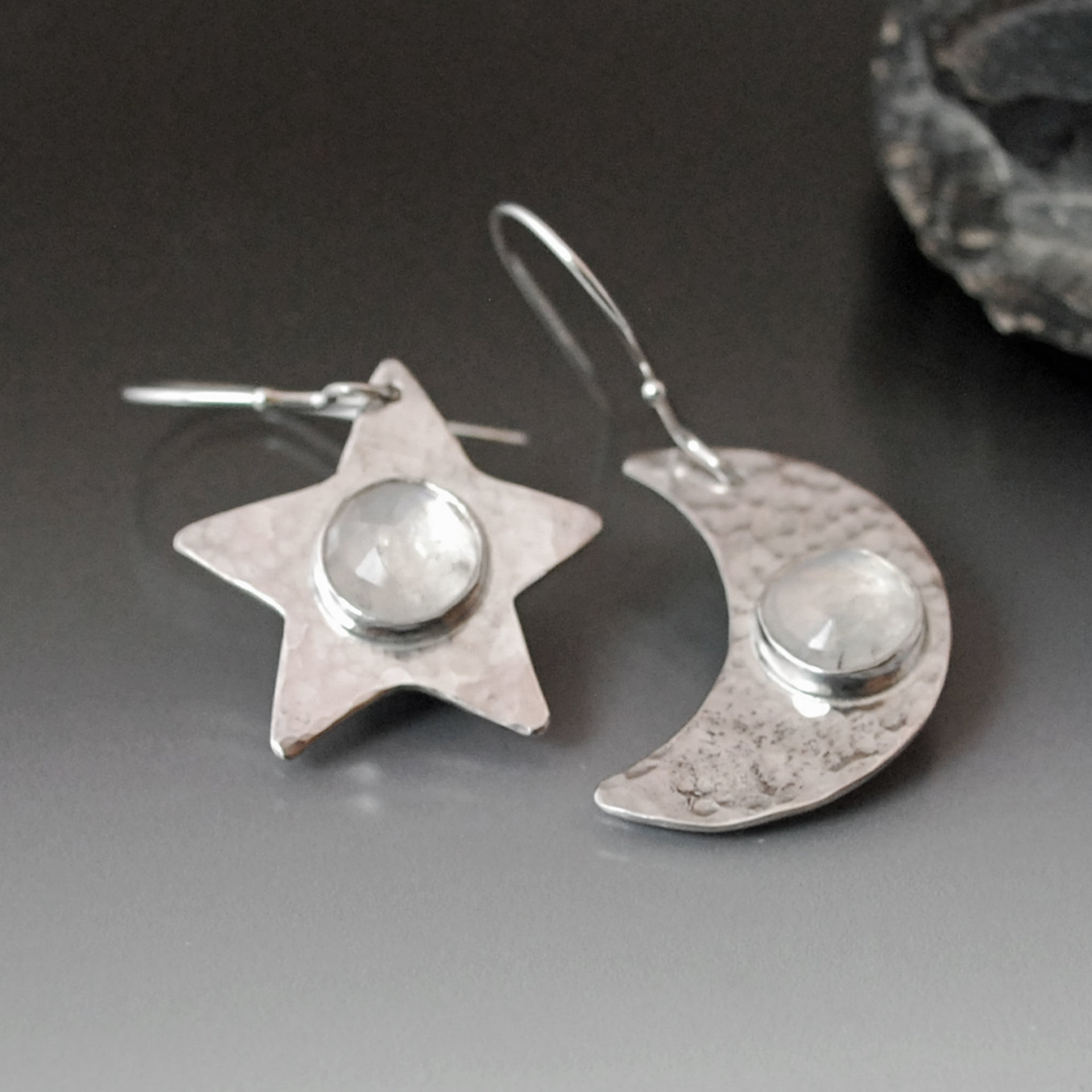 Sterling Silver Moon and Star Earrings with Moonstones
