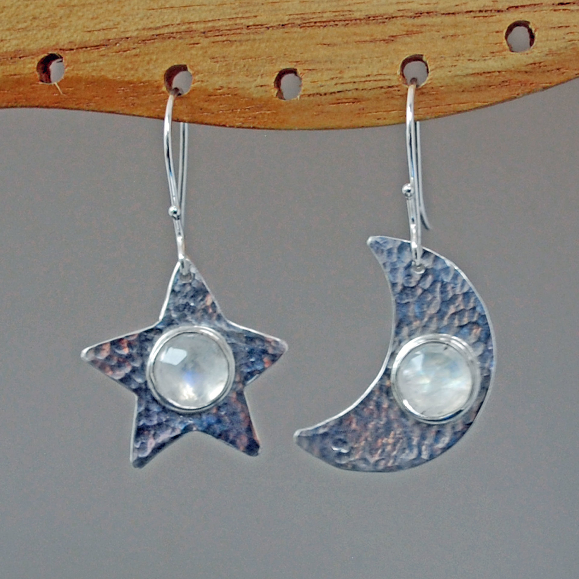 Sterling Silver Moon and Star Earrings with Moonstones