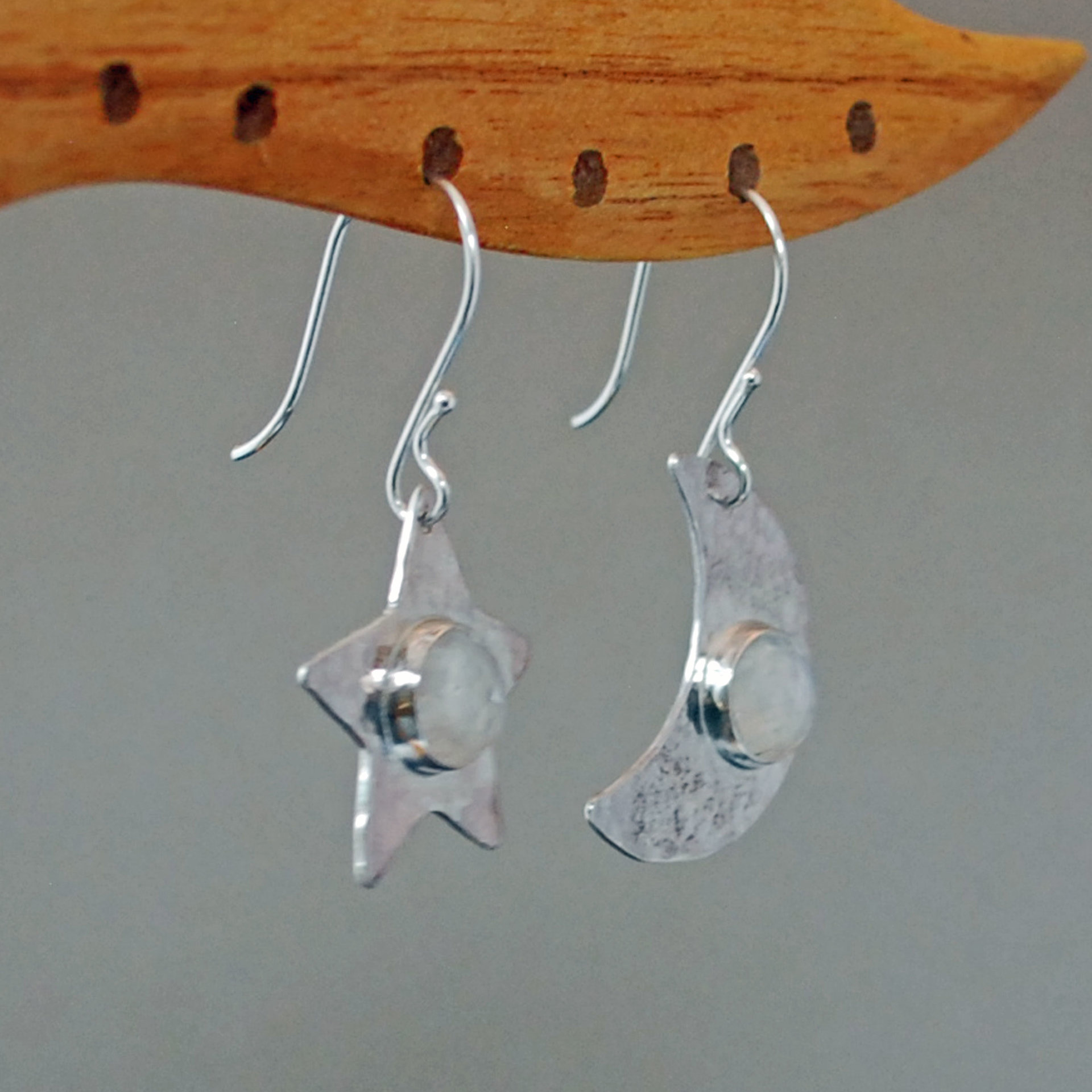 Sterling Silver Moon and Star Earrings with Moonstones