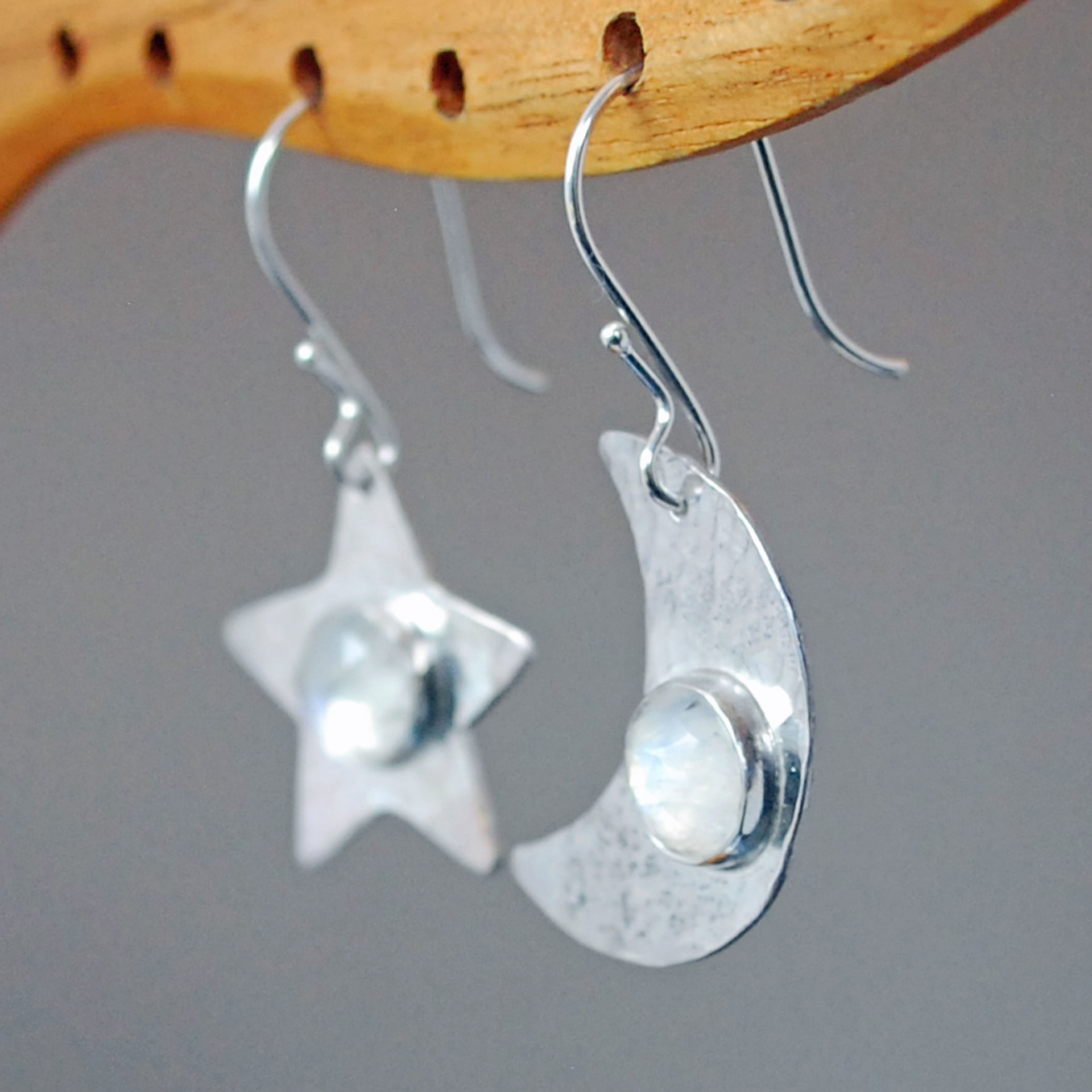 Sterling Silver Moon and Star Earrings with Moonstones