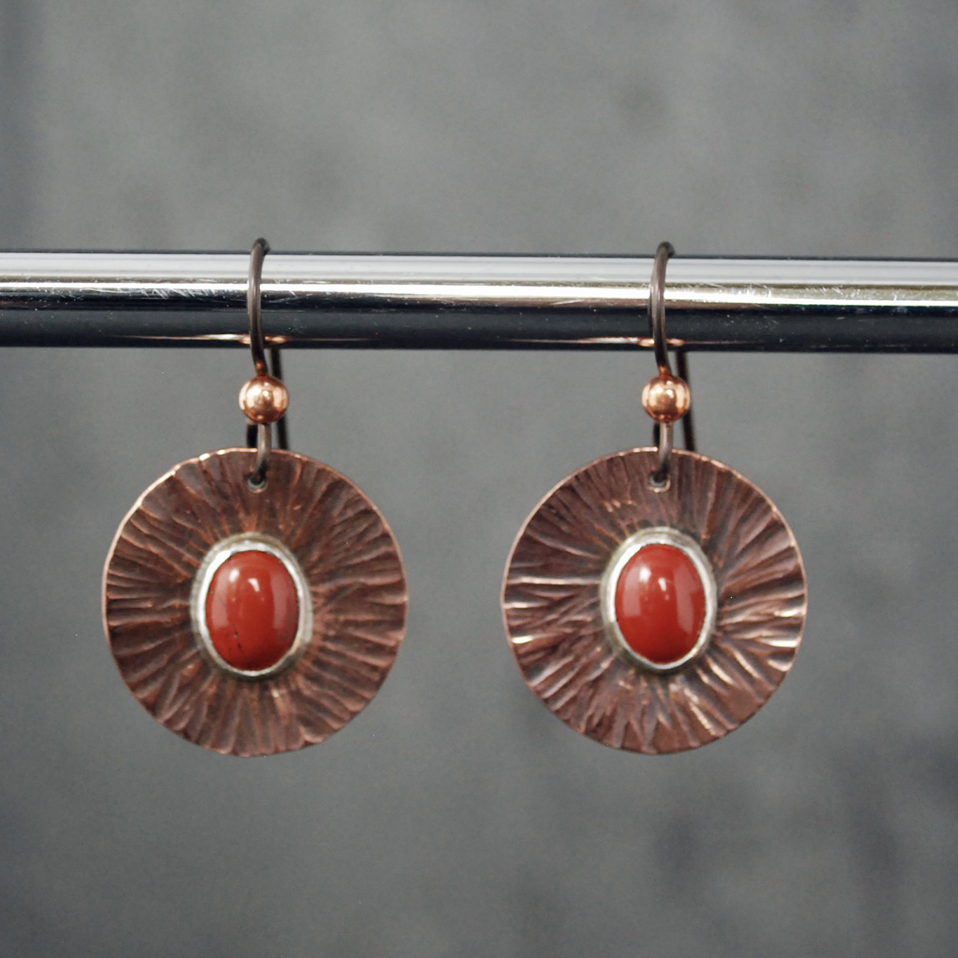 Hammered Copper Earrings with Red Jasper