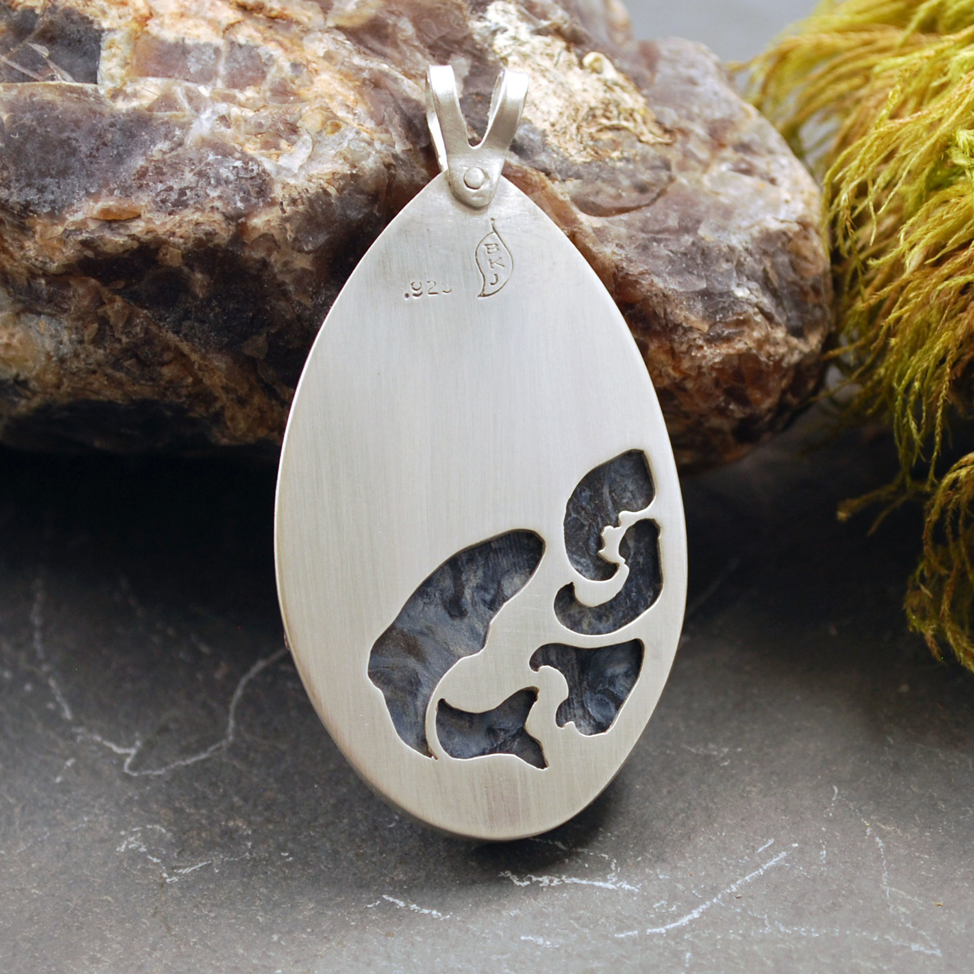 Blue Pietersite Silver Pendant with Waterfall, Copper Rocks back