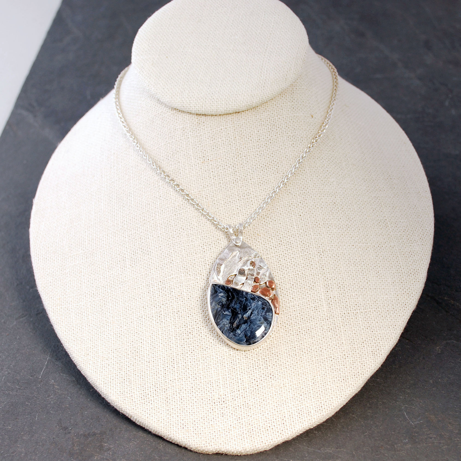 Blue Pietersite Silver Pendant with Waterfall, Copper Rocks hanging