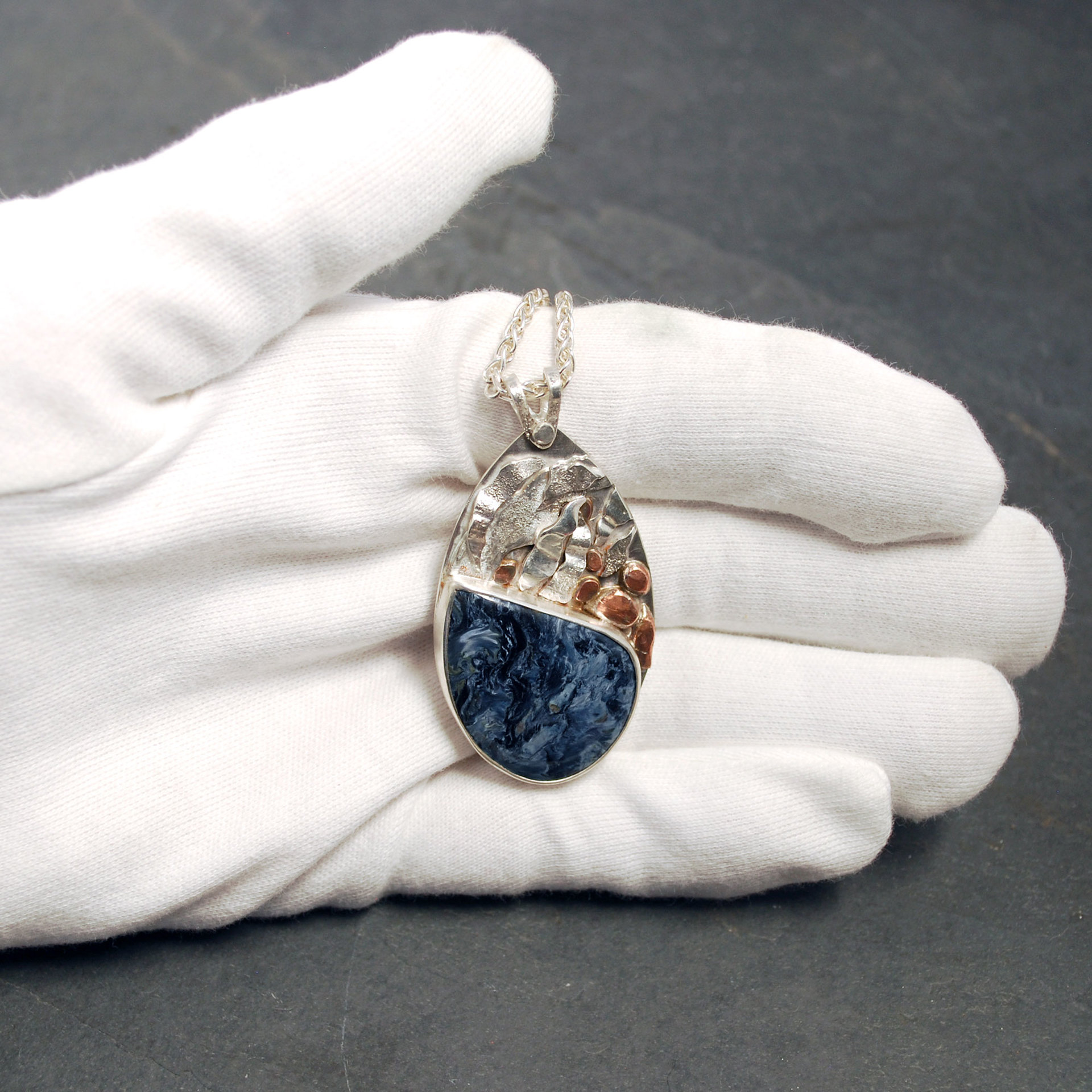 Blue Pietersite Silver Pendant with Waterfall