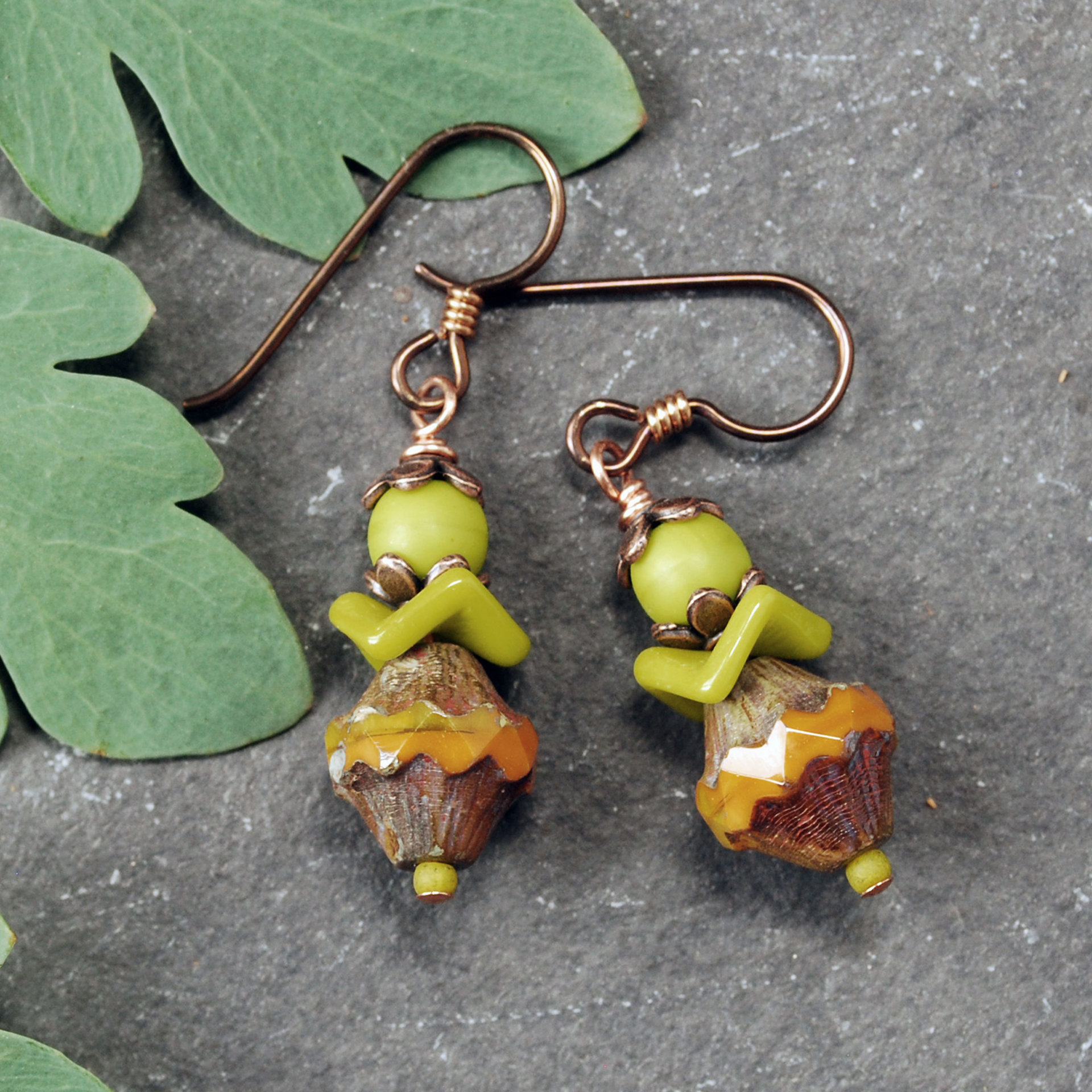 Czech Glass Earrings, Green and Orange
