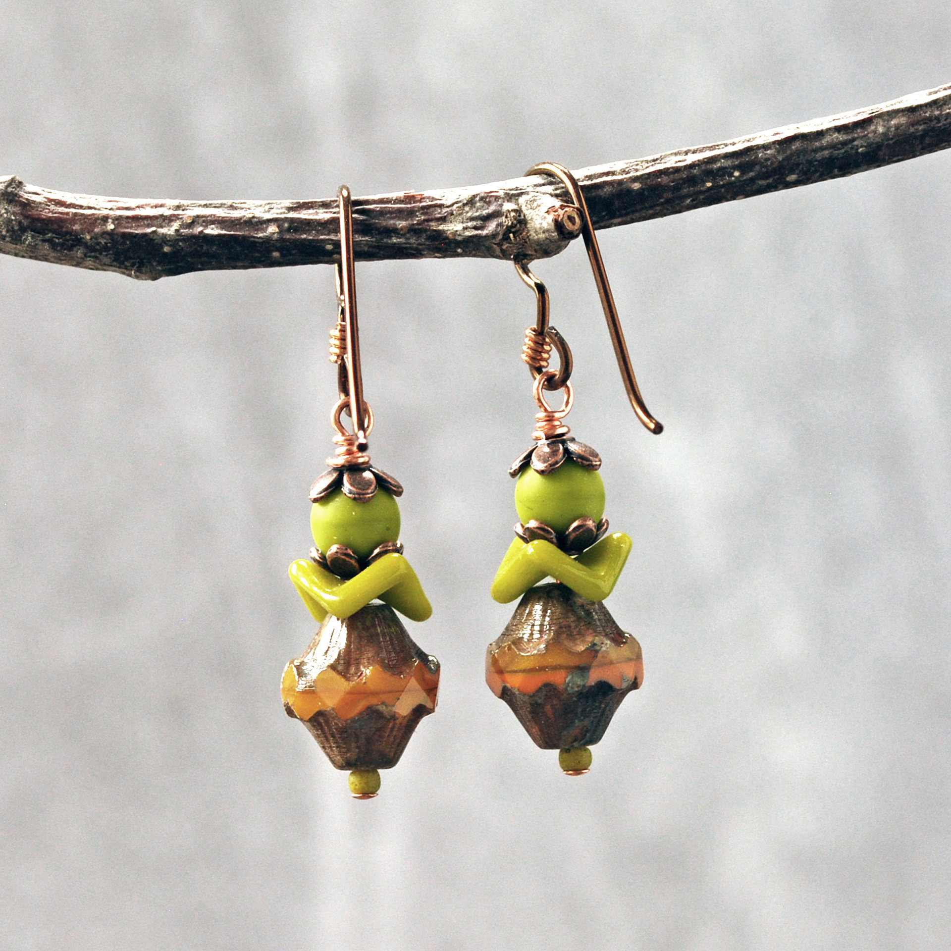 Czech Glass Earrings, Green and Orange