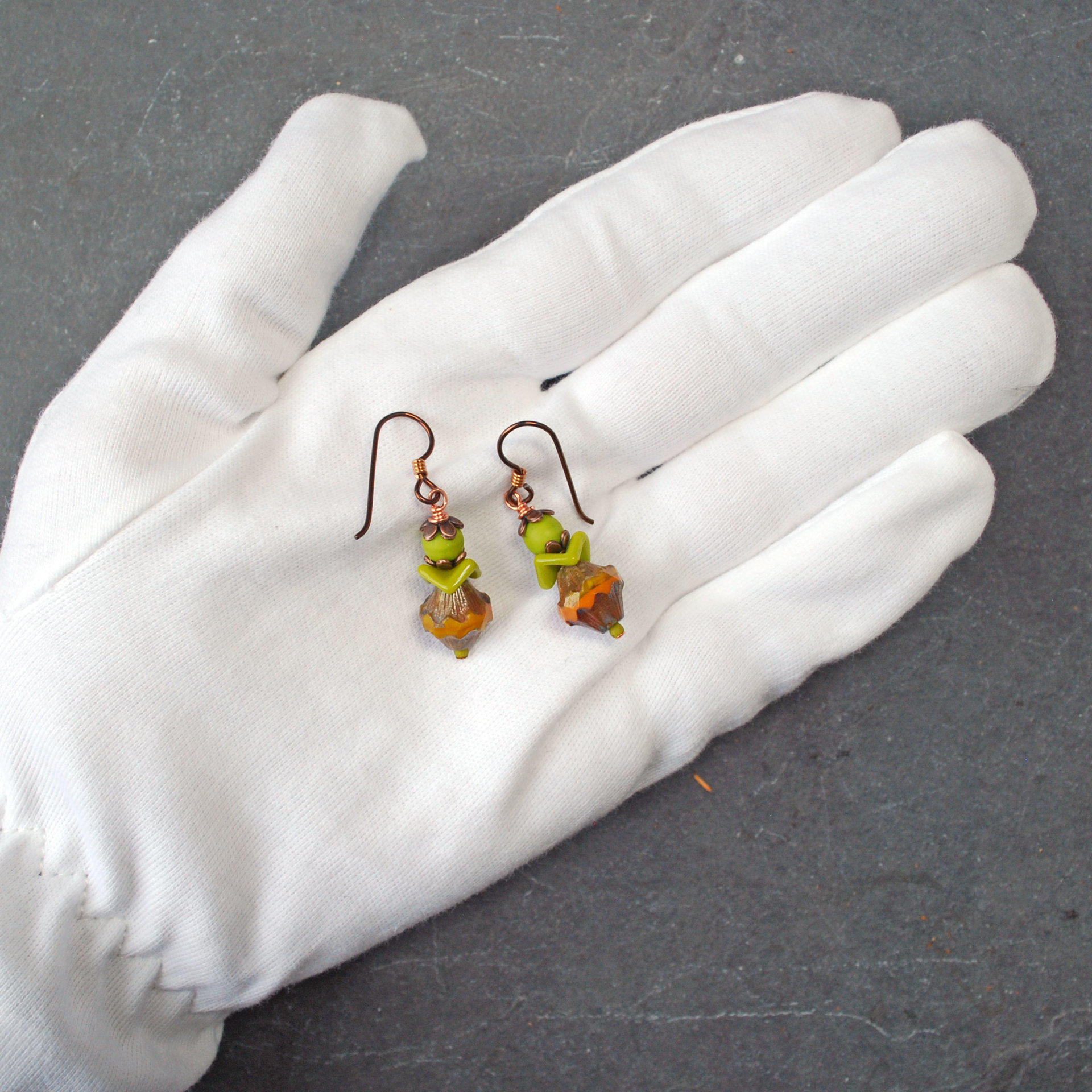 Czech Glass Earrings, Green and Orange