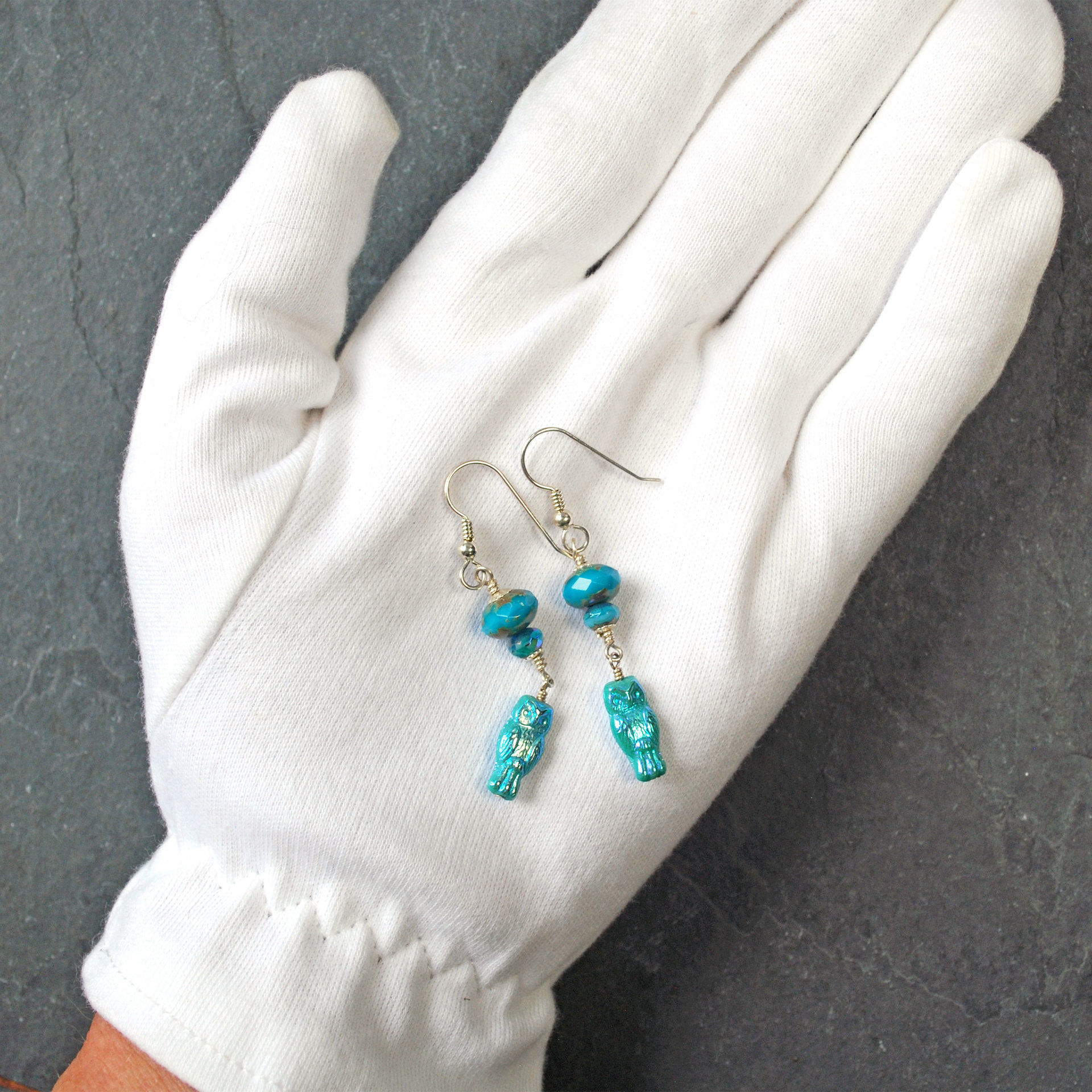 Czech Glass, Silver Owl Earrings