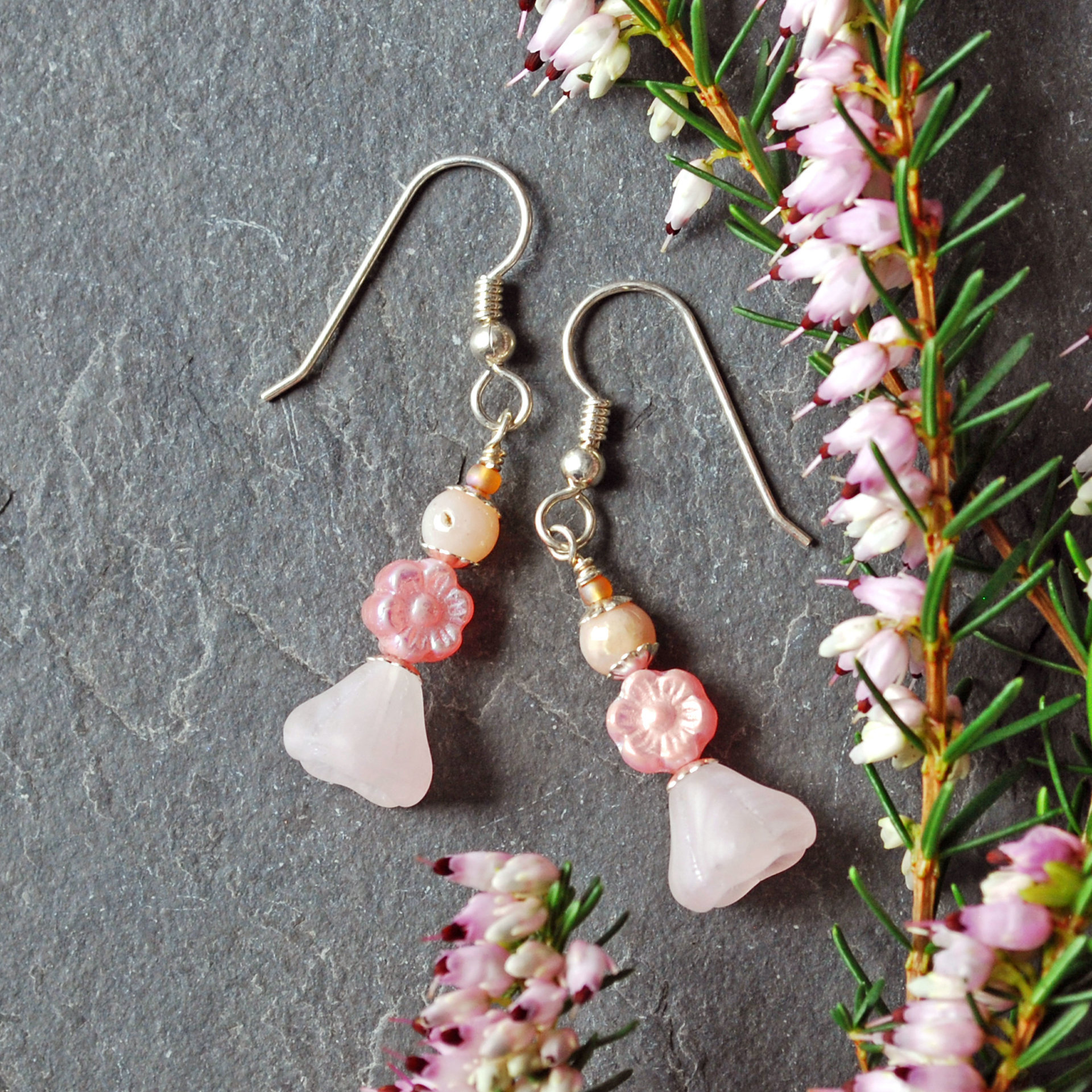 Pink Czech Glass Flower Earrings with Pink Opals