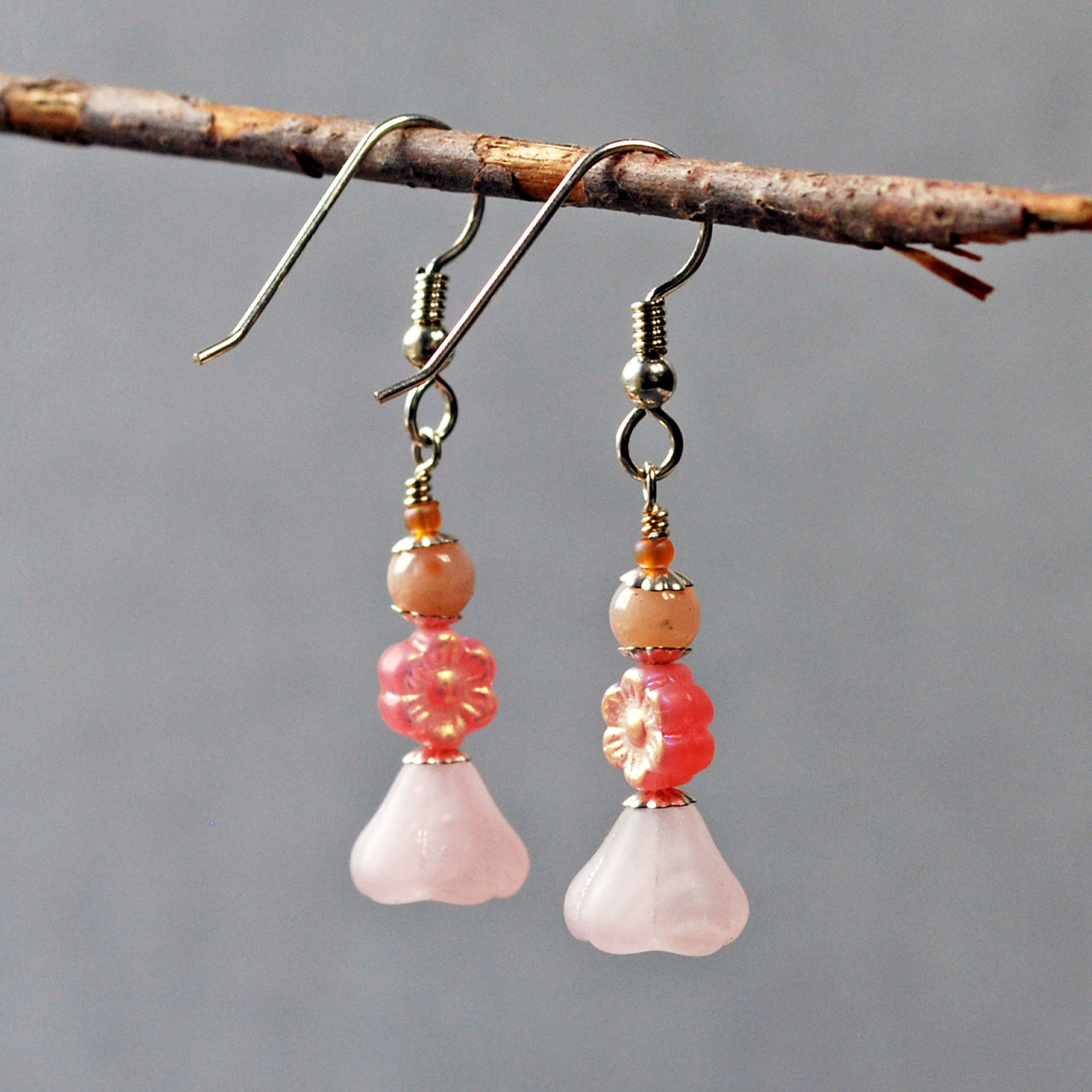 Pink Czech Glass Flower Earrings with Pink Opals