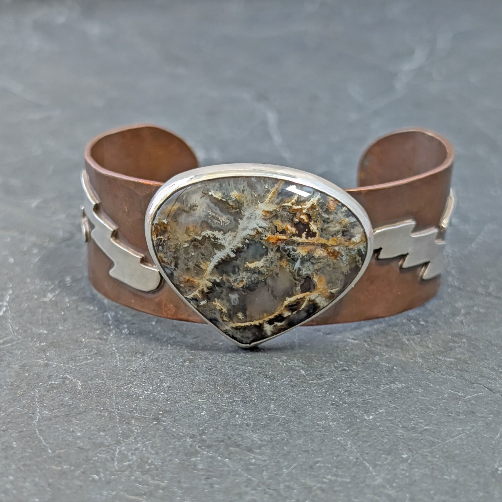 Copper Cuff with Plume Agate and Silver Lightning