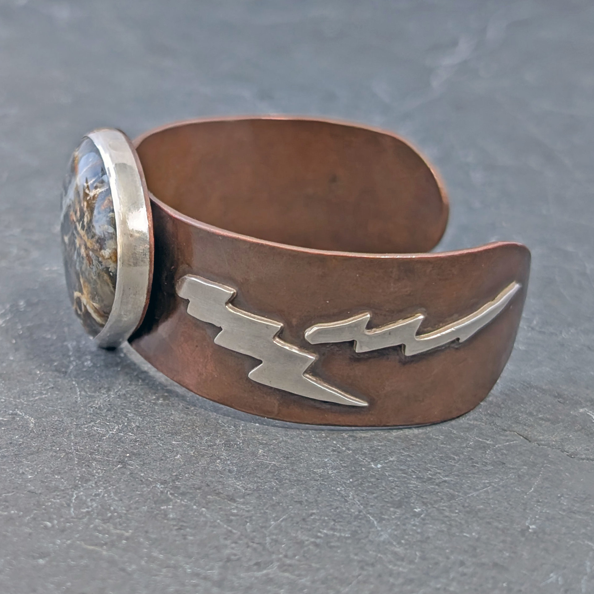 Copper Cuff with Plume Agate and Silver Lightning