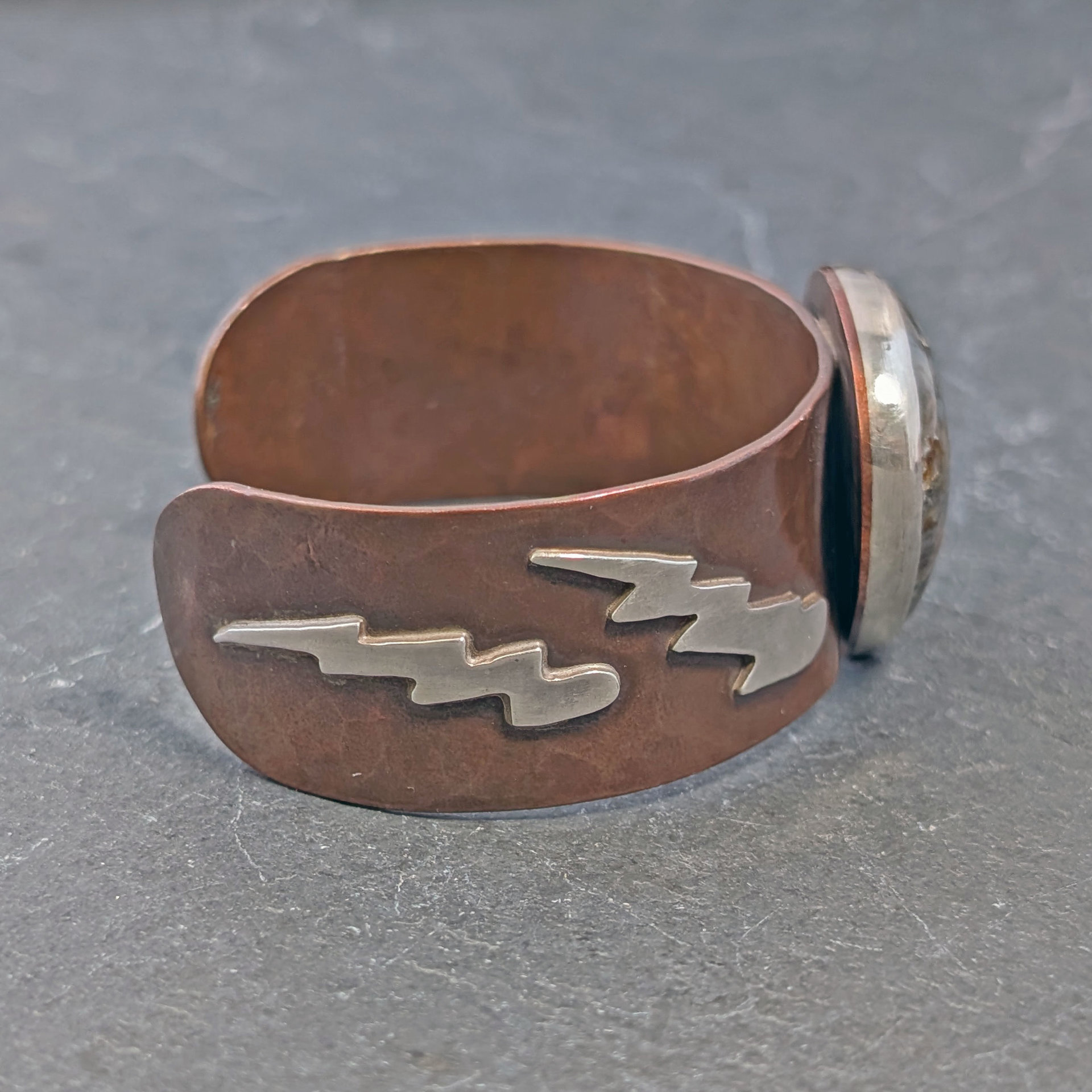 Copper Cuff with Plume Agate and Silver Lightning